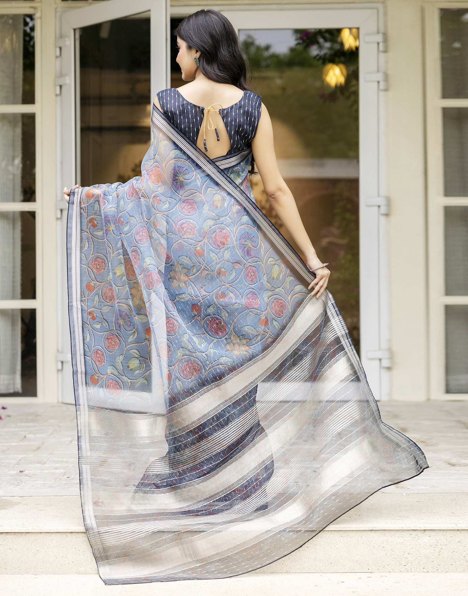 Navy Blue Organza Floral Printed Saree