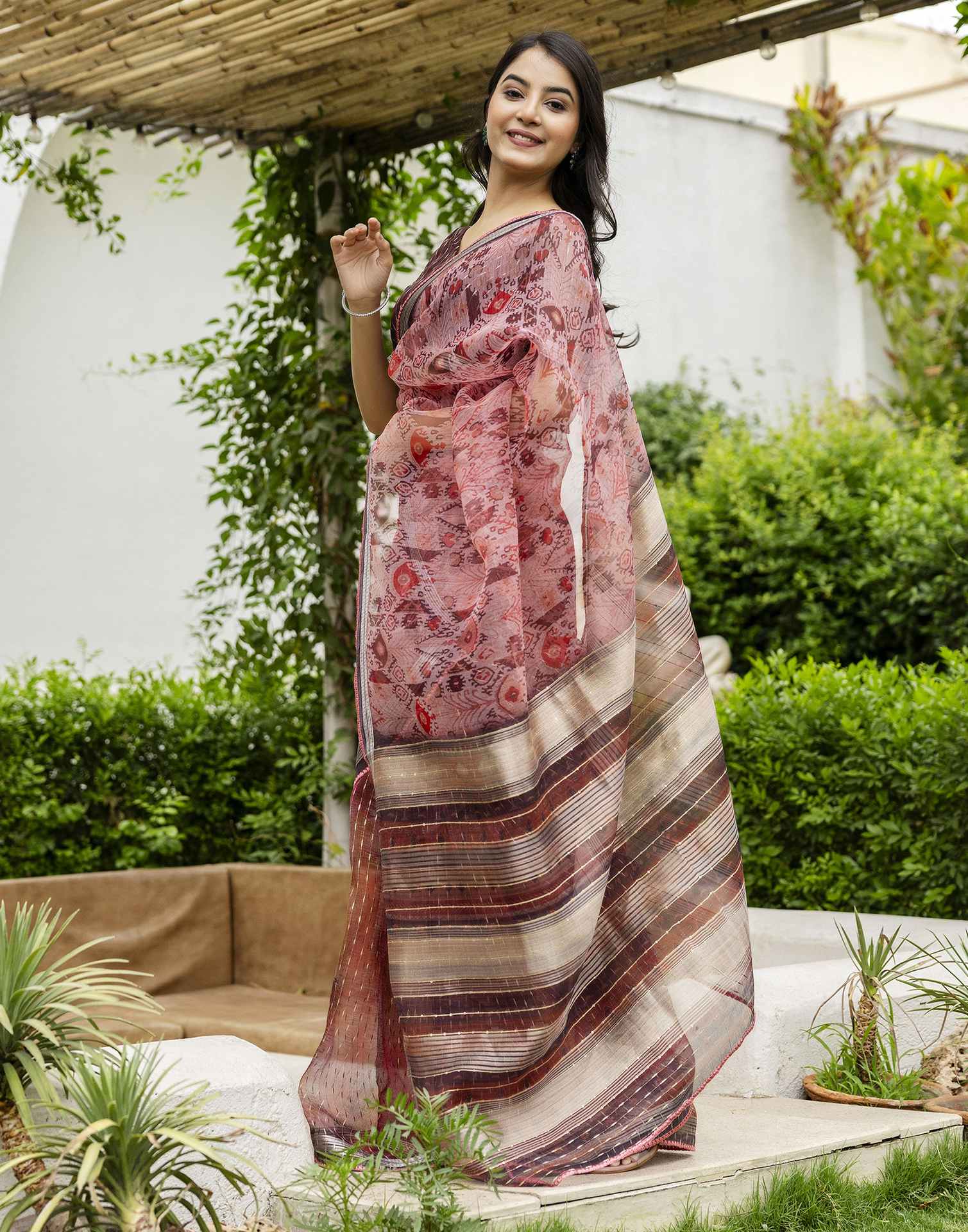 Dusty Peach Organza Printed Saree