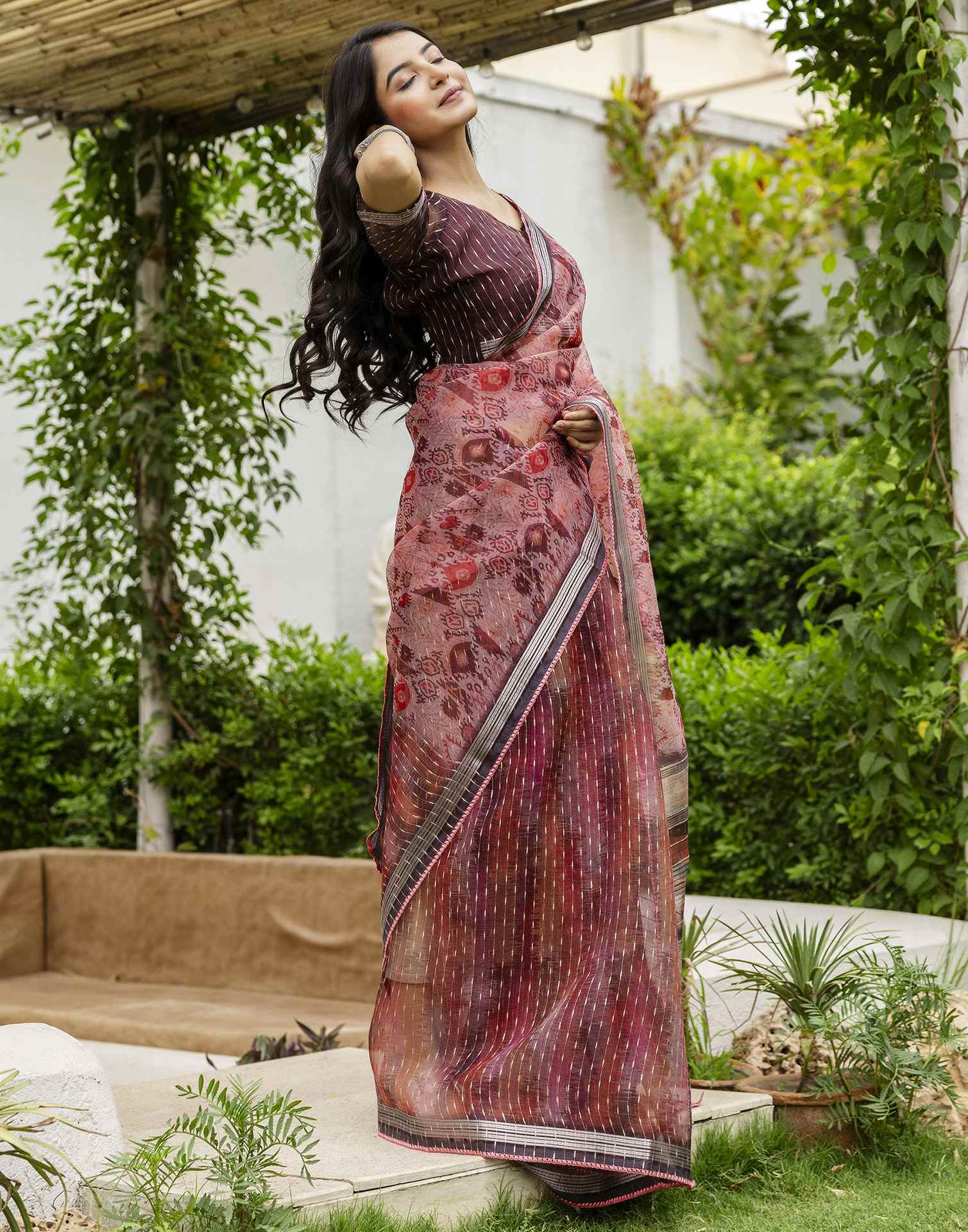 Dusty Peach Organza Printed Saree