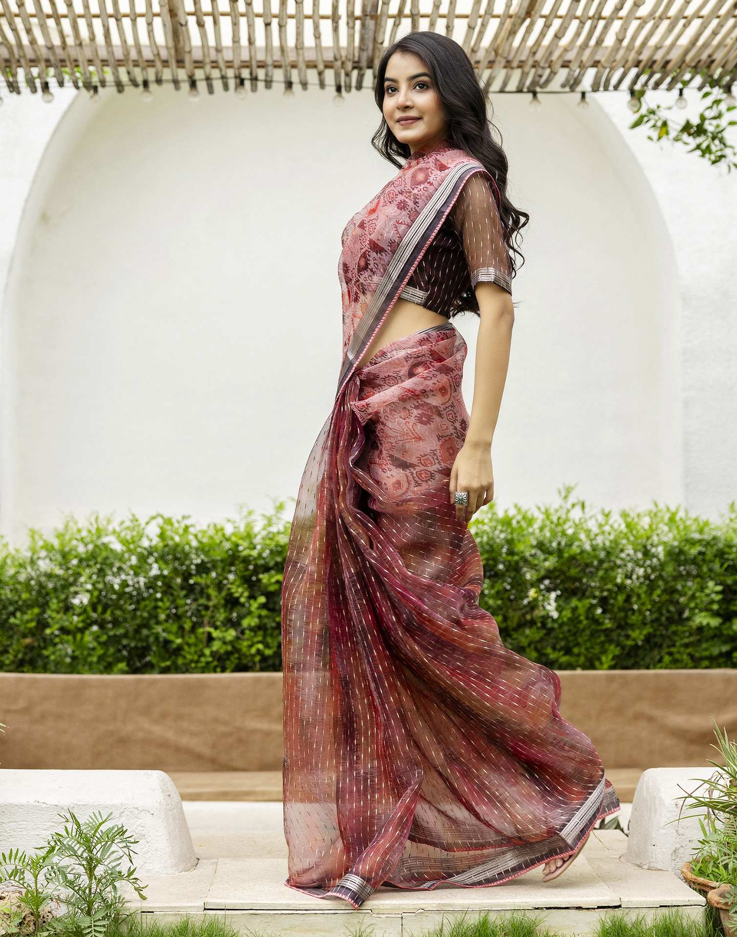 Dusty Peach Organza Printed Saree