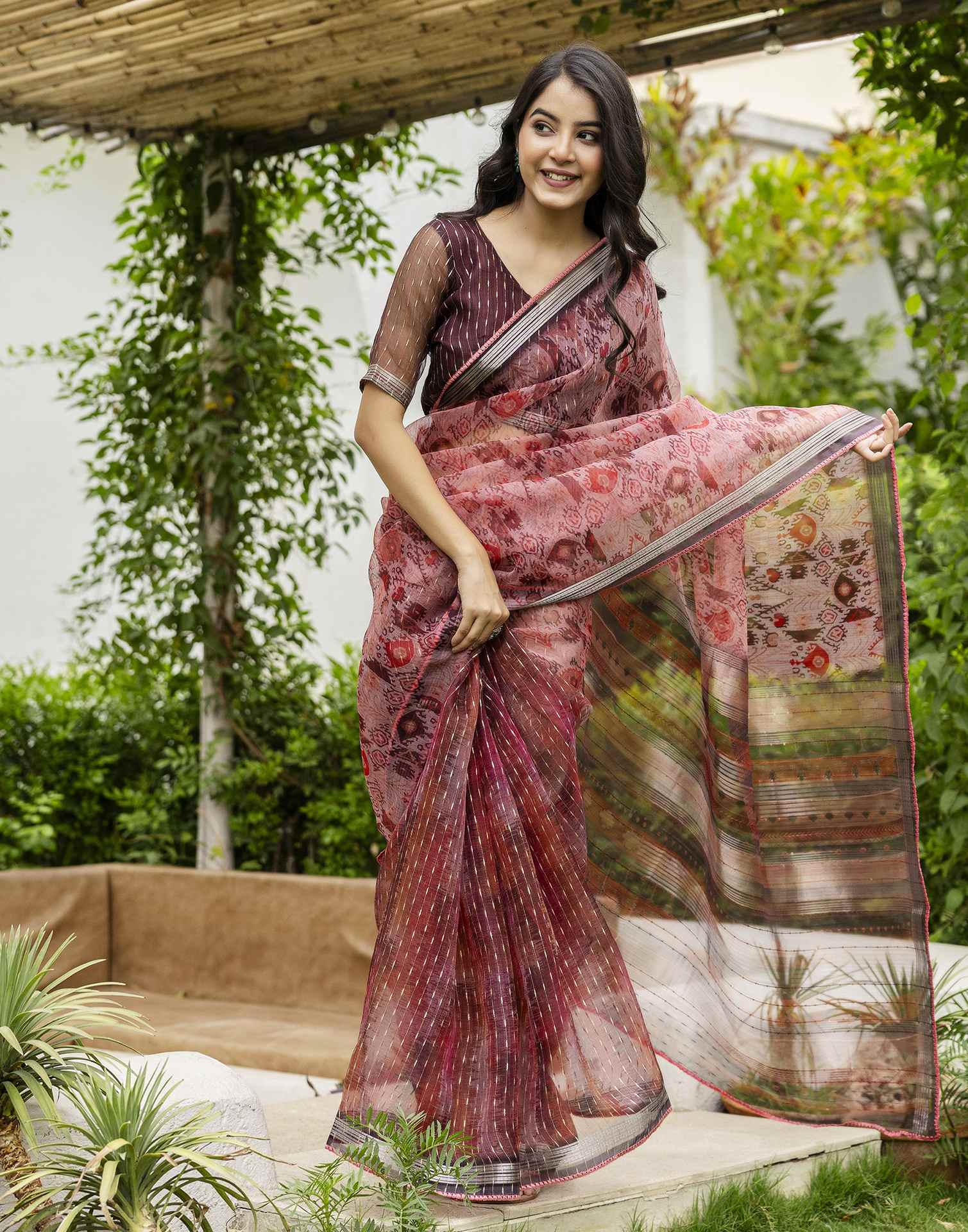 Dusty Peach Organza Printed Saree