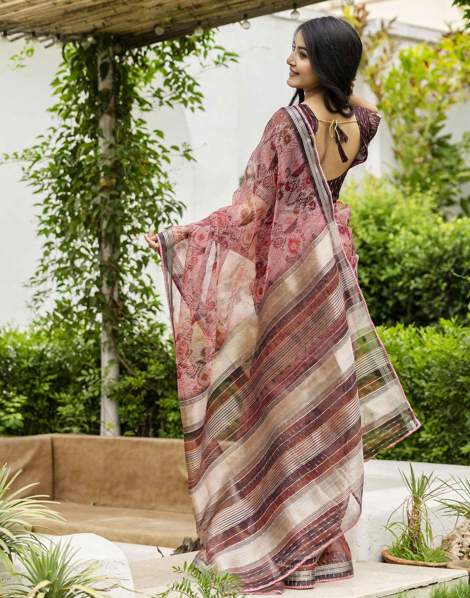Dusty Peach Organza Printed Saree