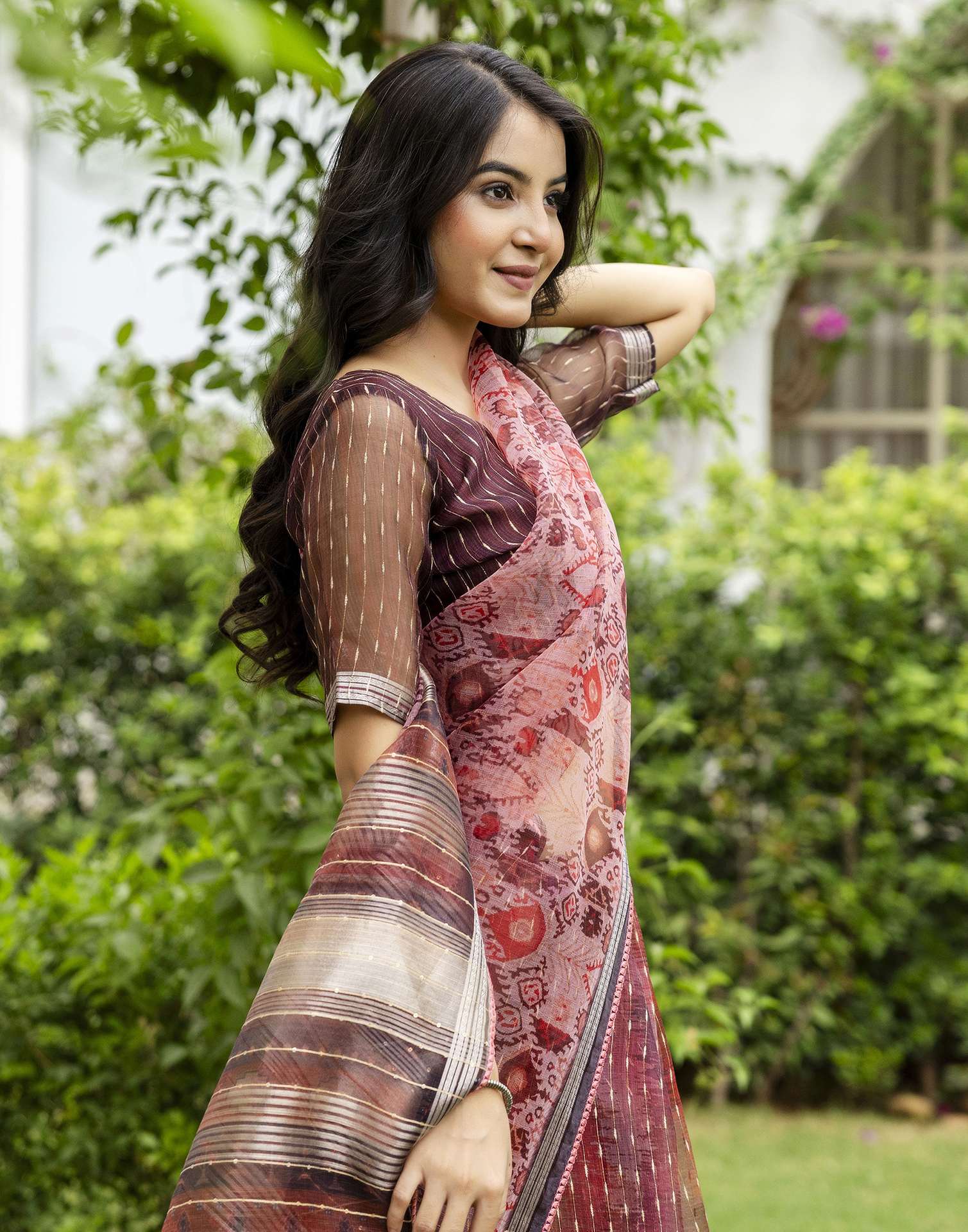 Dusty Peach Organza Printed Saree