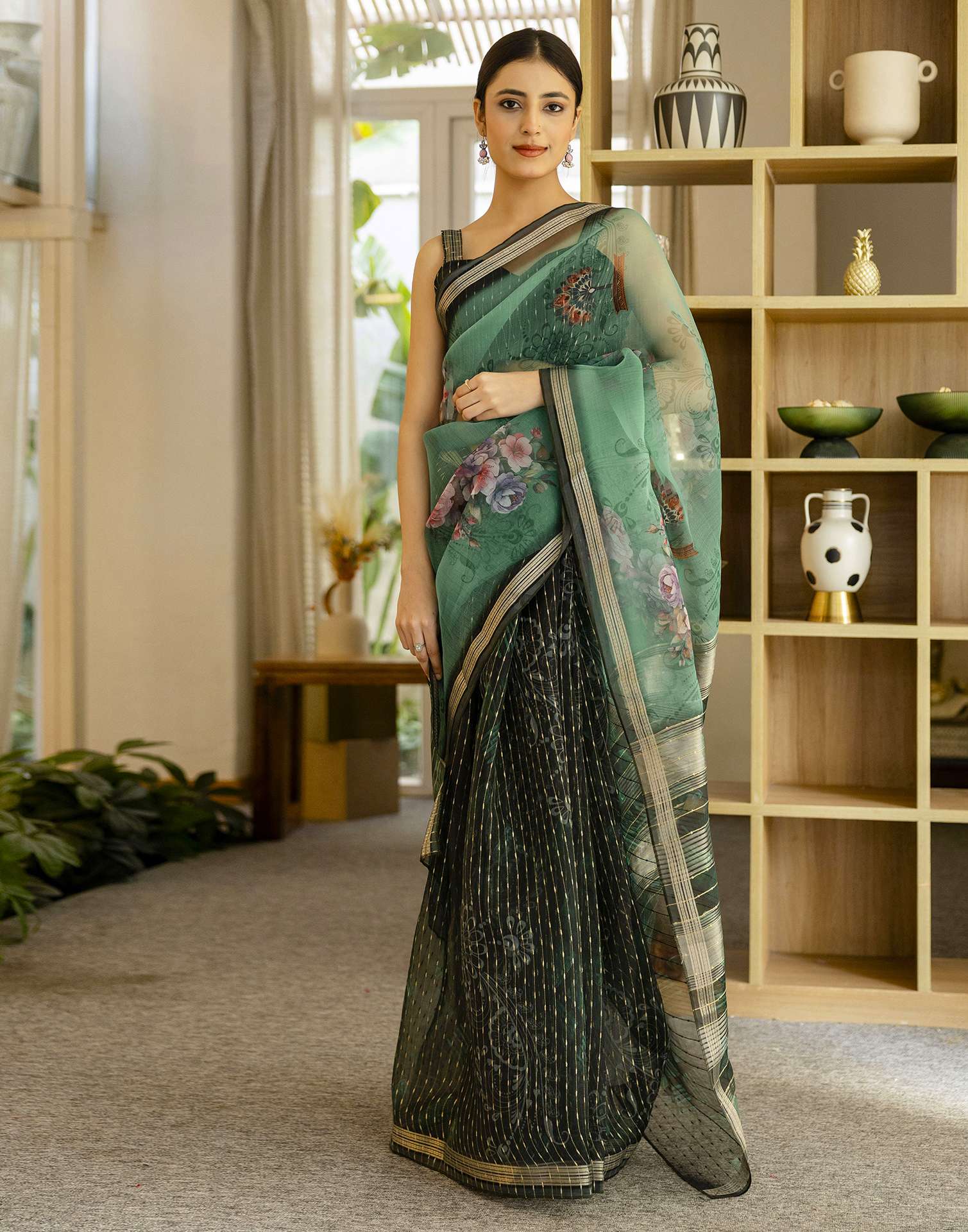 Dark Green Organza Floral Printed Saree