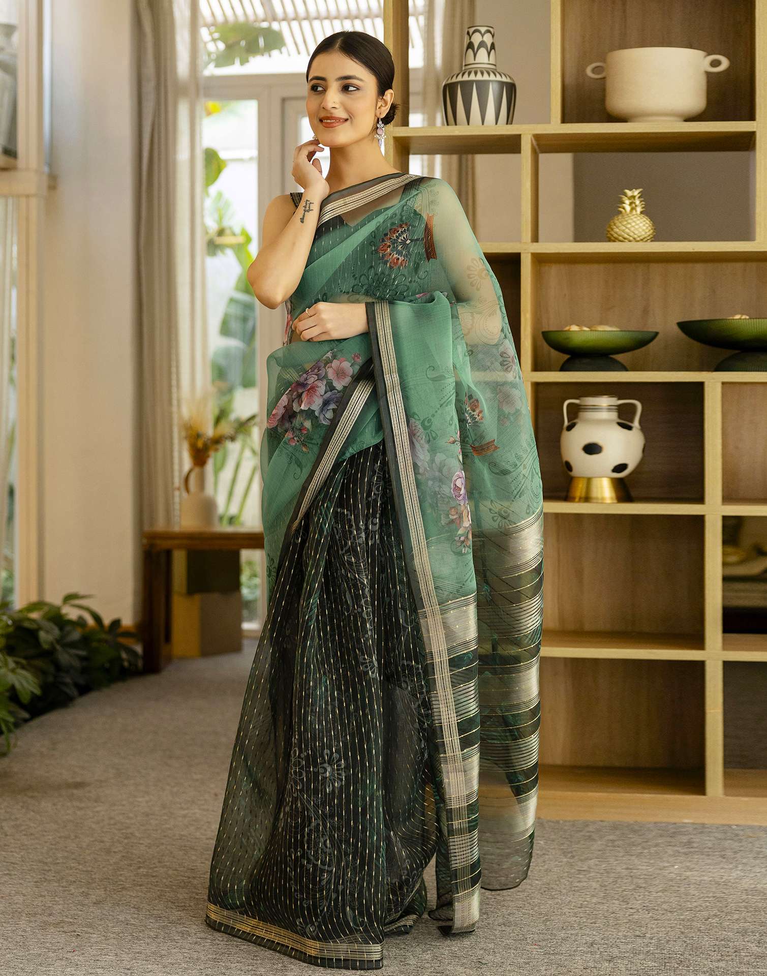 Dark Green Organza Floral Printed Saree
