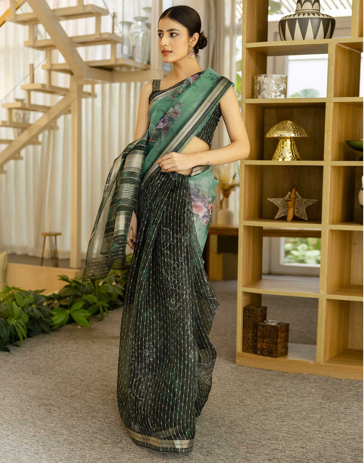 Dark Green Organza Floral Printed Saree