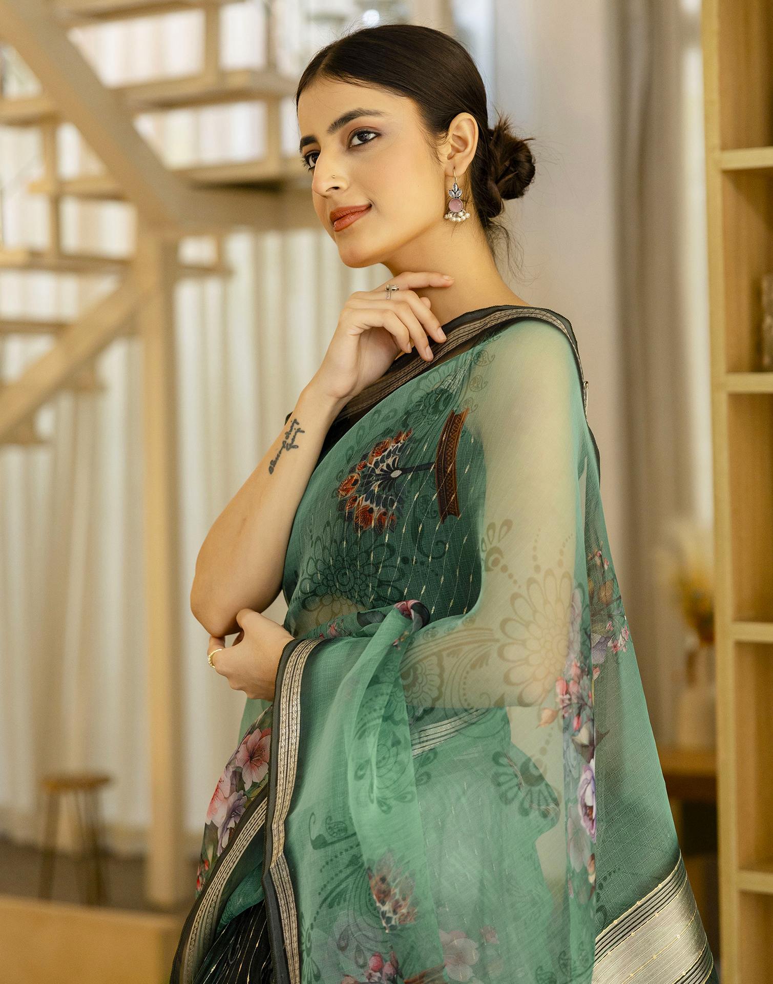 Dark Green Organza Floral Printed Saree