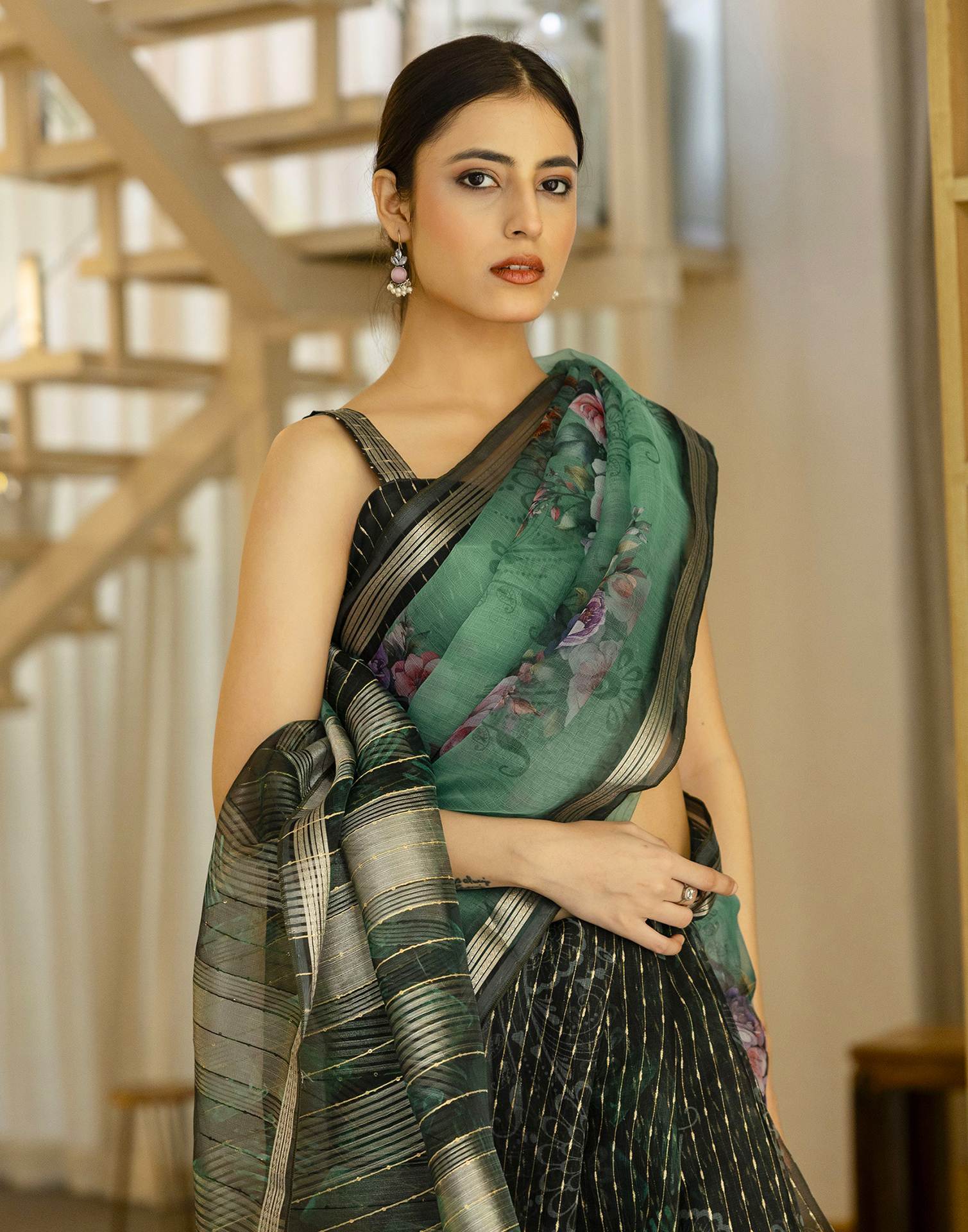 Dark Green Organza Floral Printed Saree