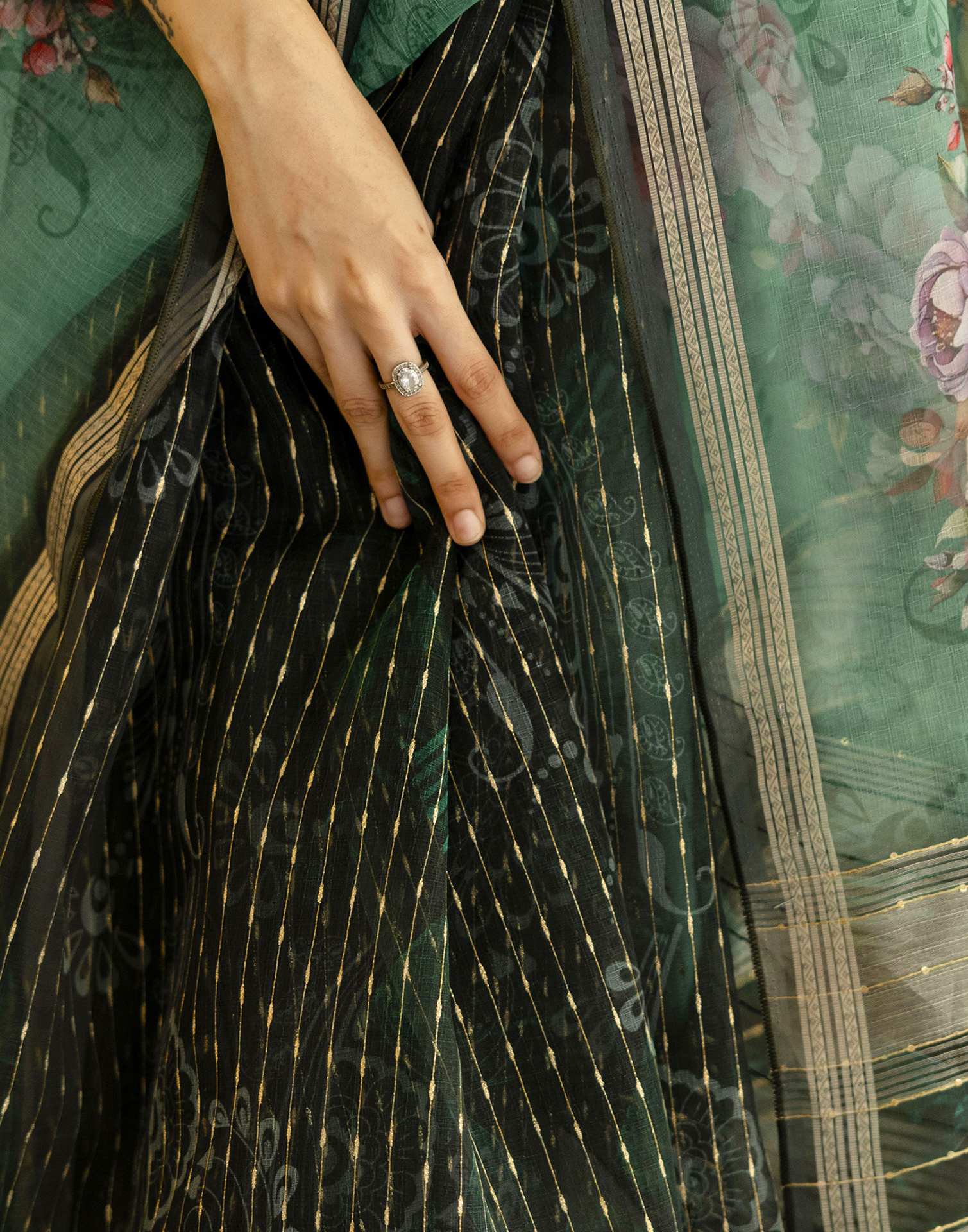 Dark Green Organza Floral Printed Saree