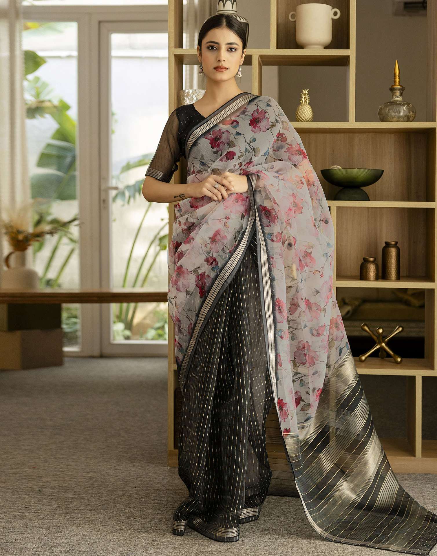 Black Organza Floral Printed Saree