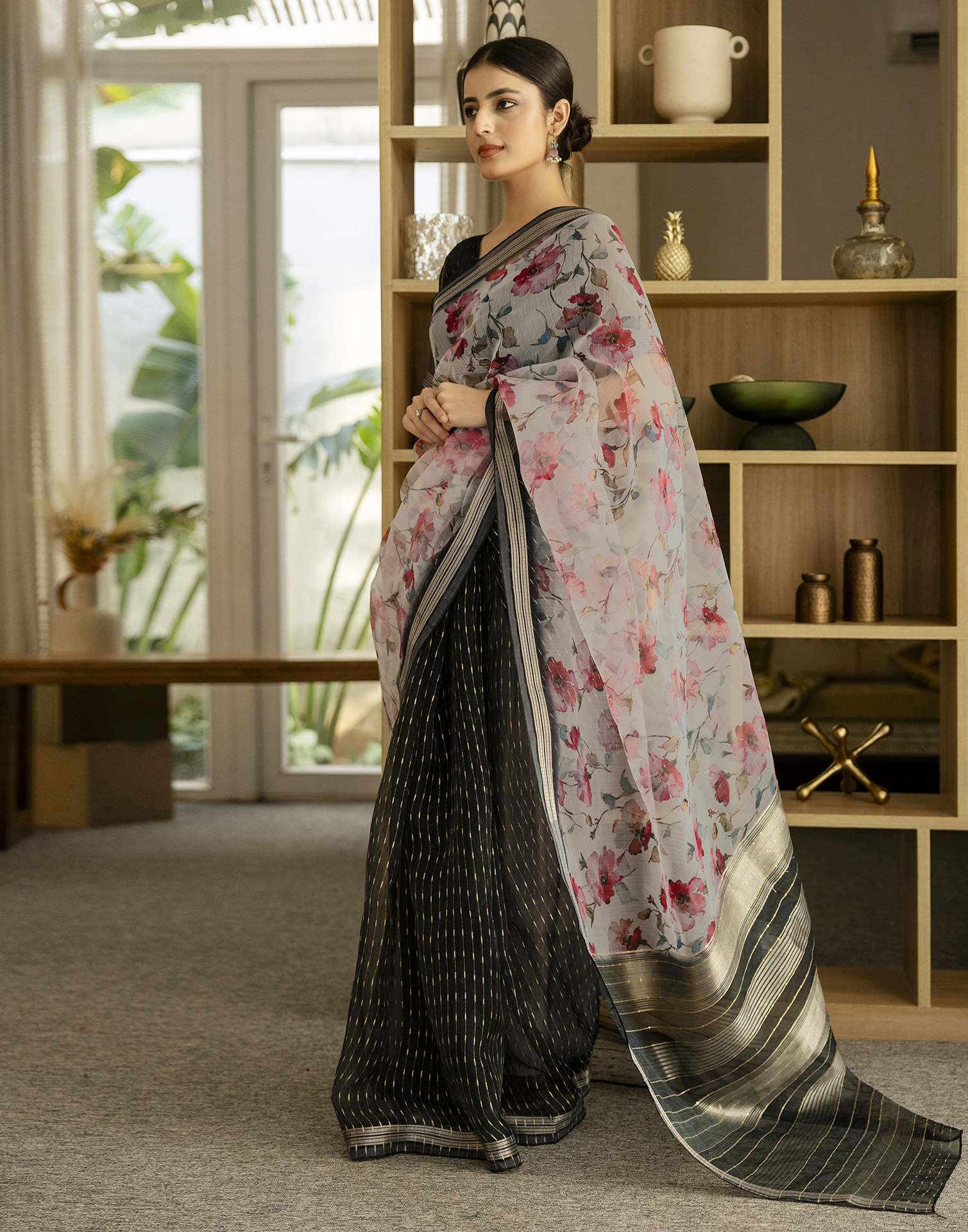 Black Organza Floral Printed Saree