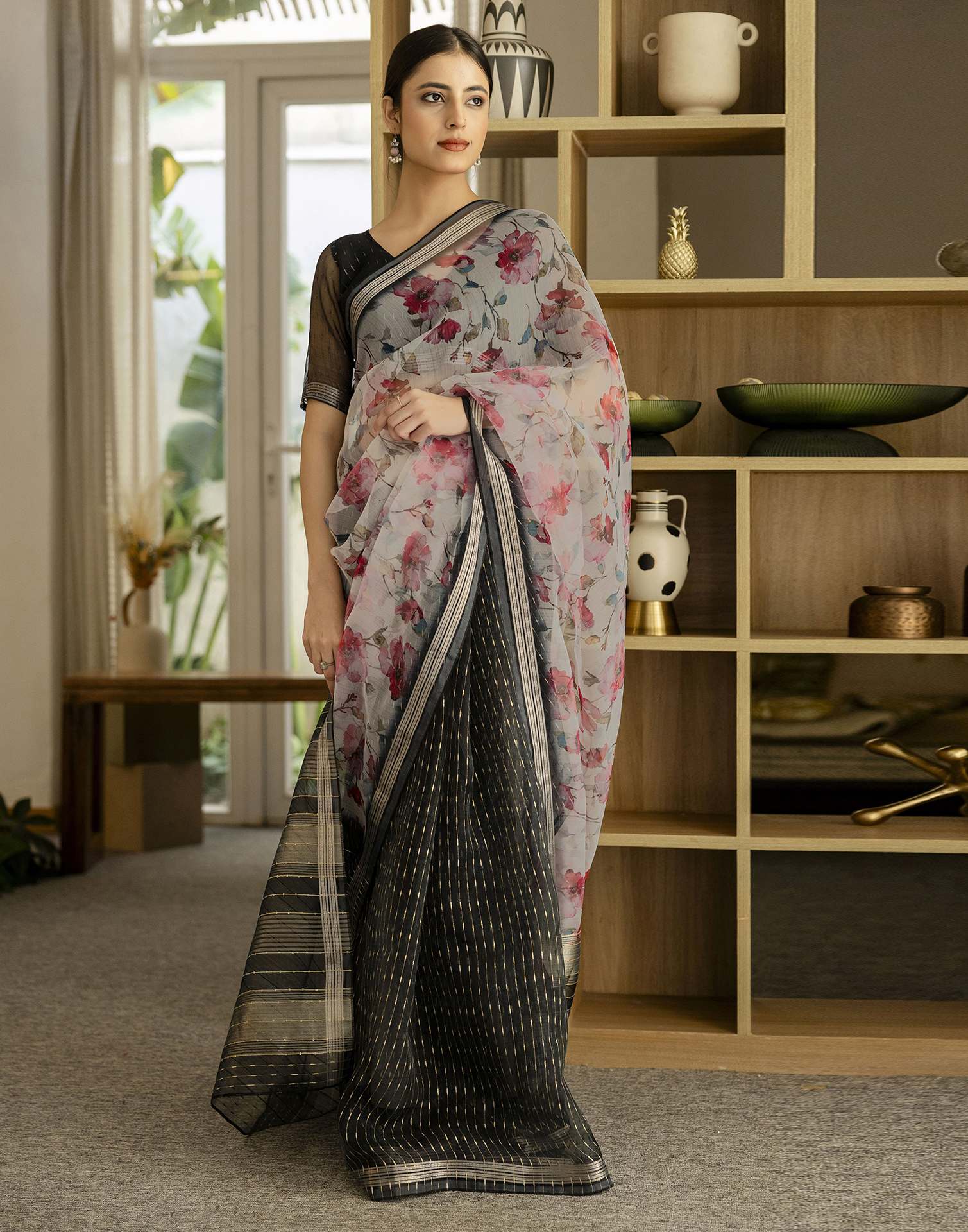 Black Organza Floral Printed Saree