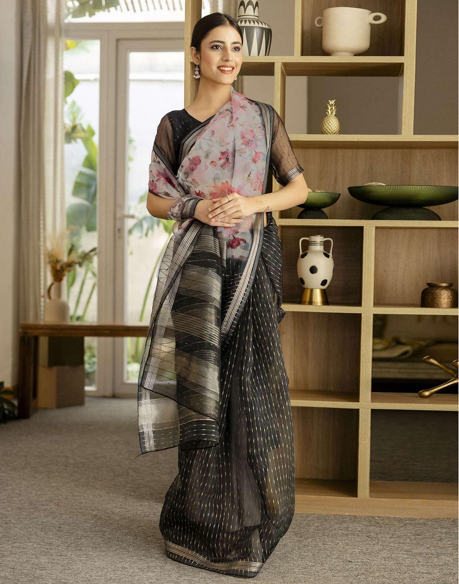 Black Organza Floral Printed Saree