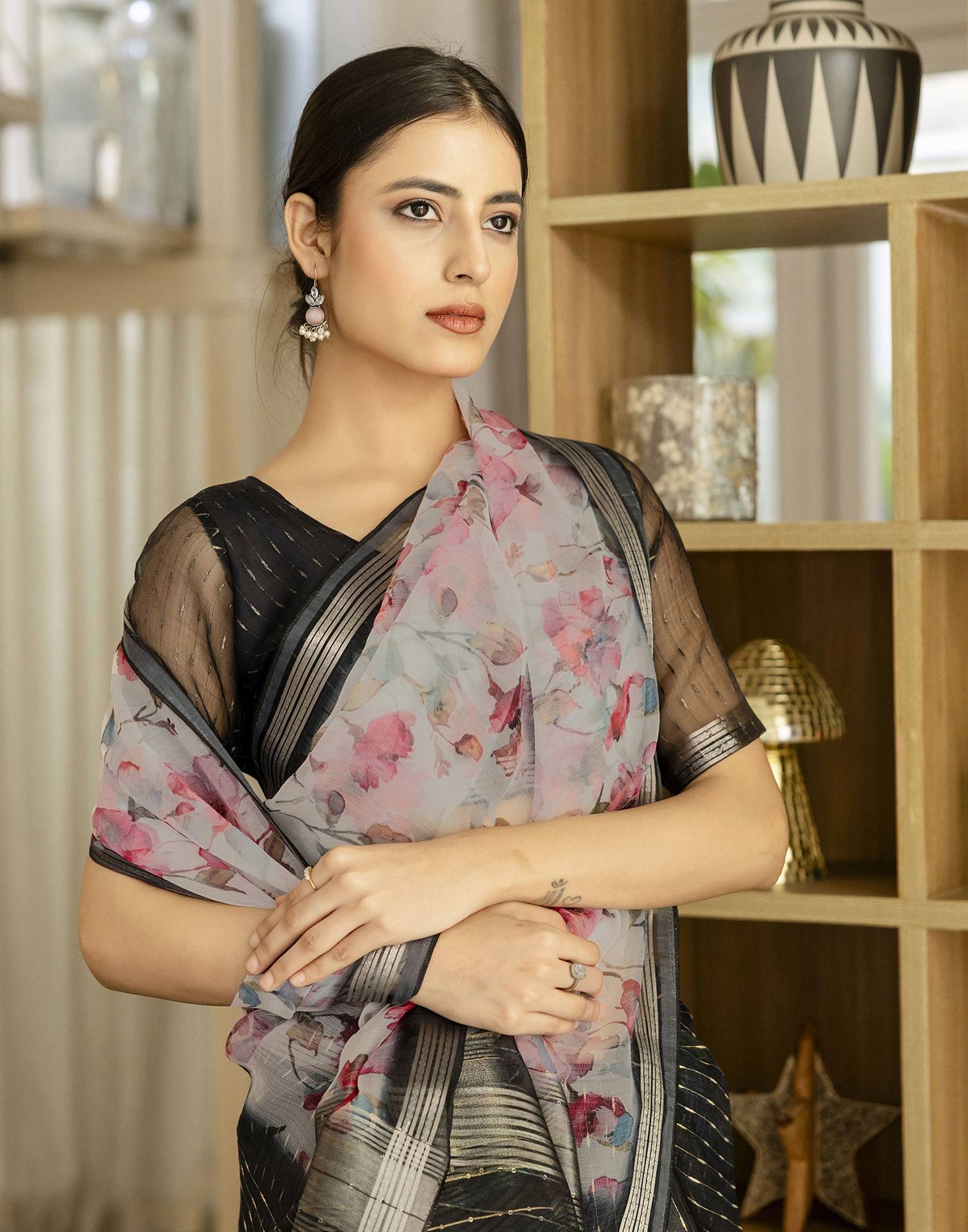 Black Organza Floral Printed Saree