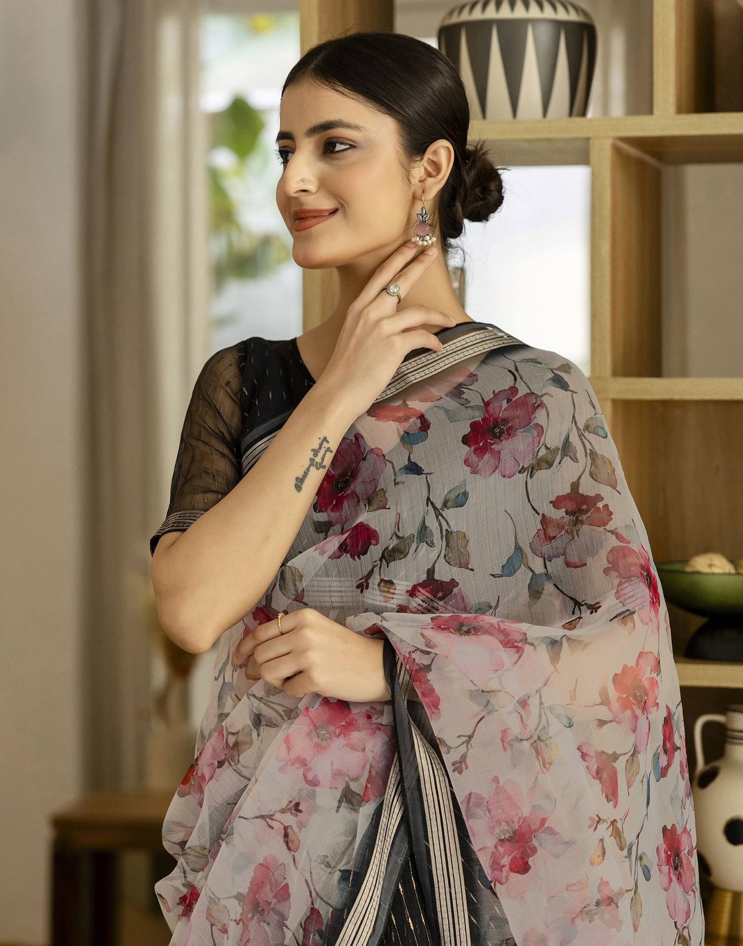 Black Organza Floral Printed Saree