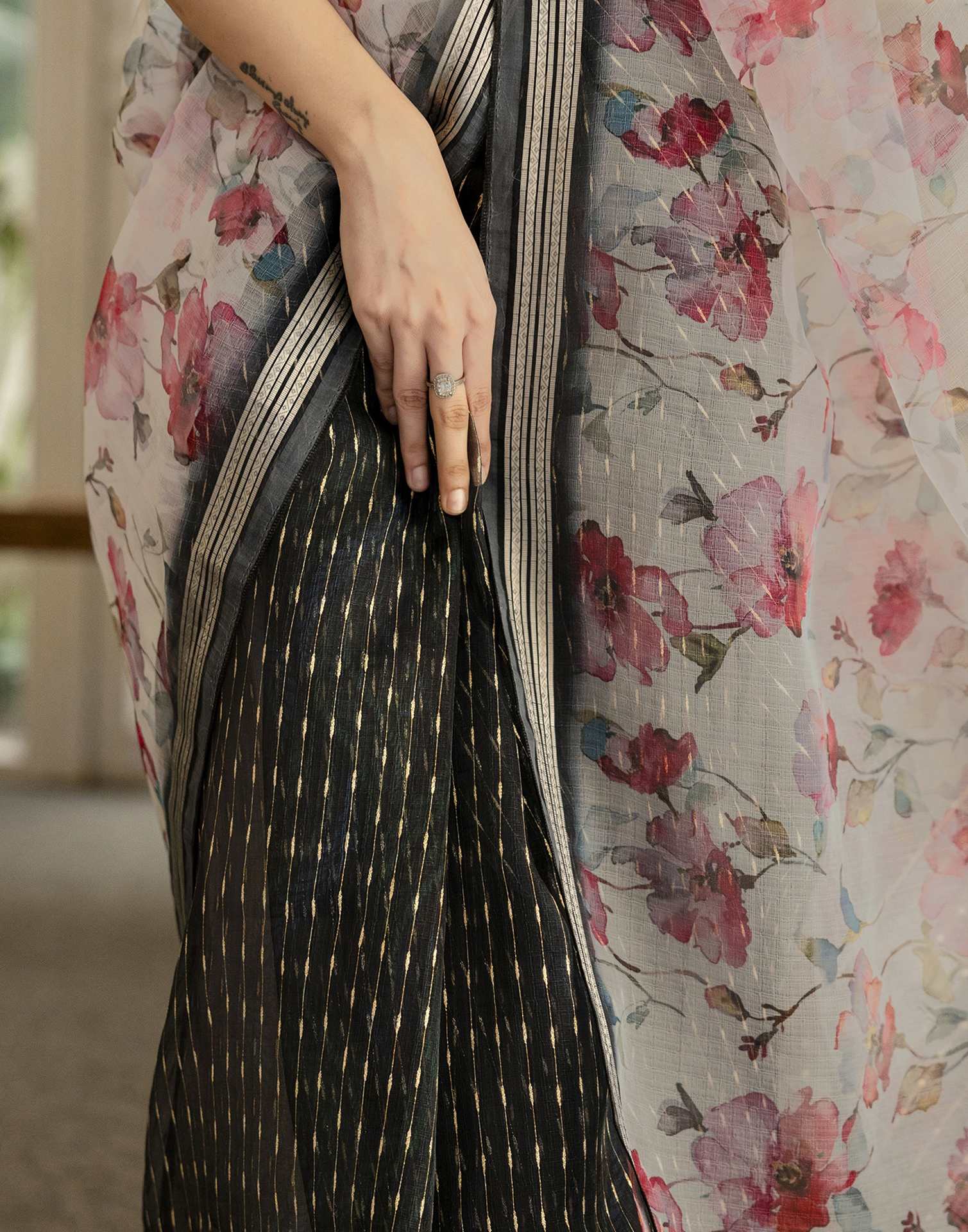 Black Organza Floral Printed Saree