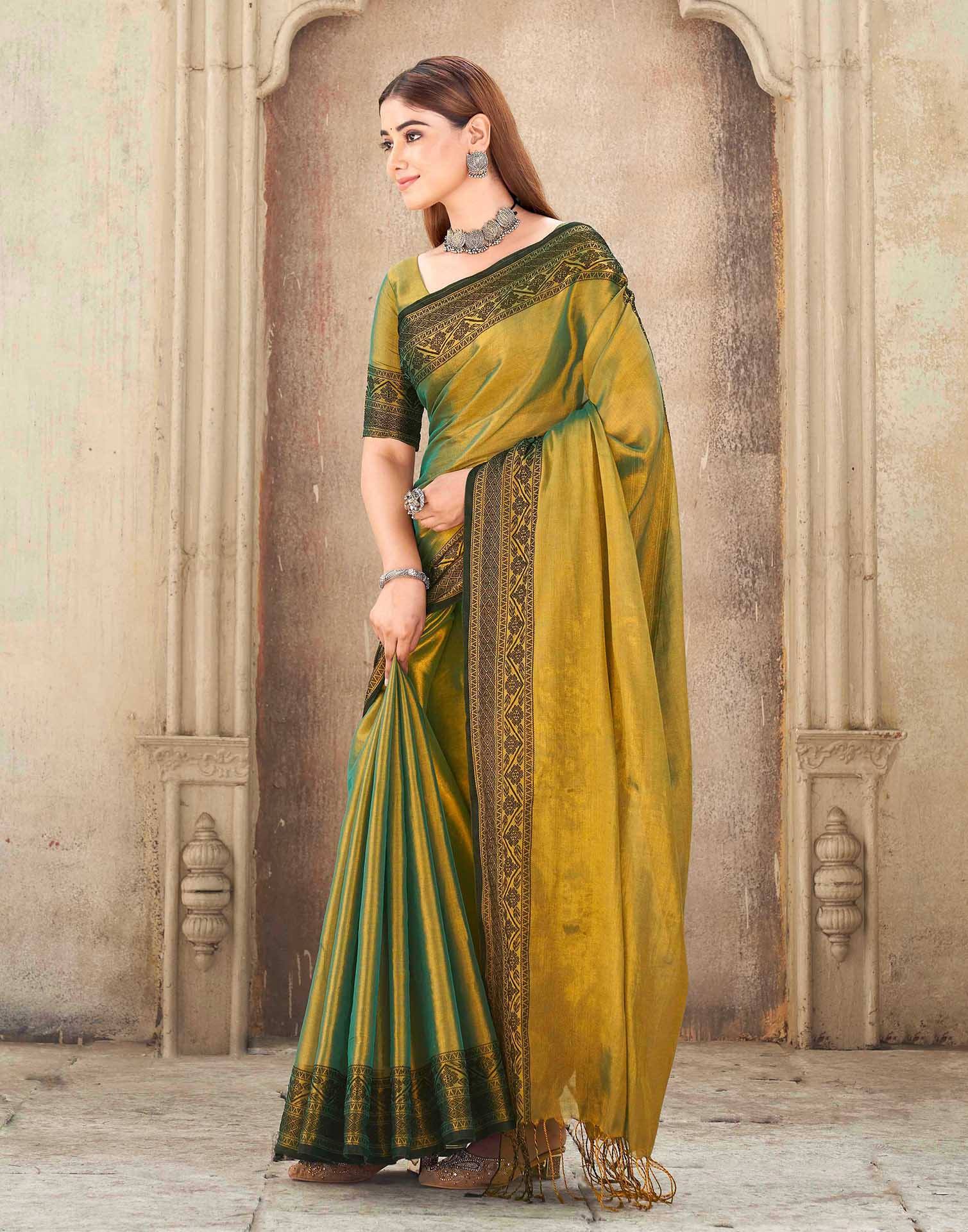Dark Green Tissue Cotton Woven Saree
