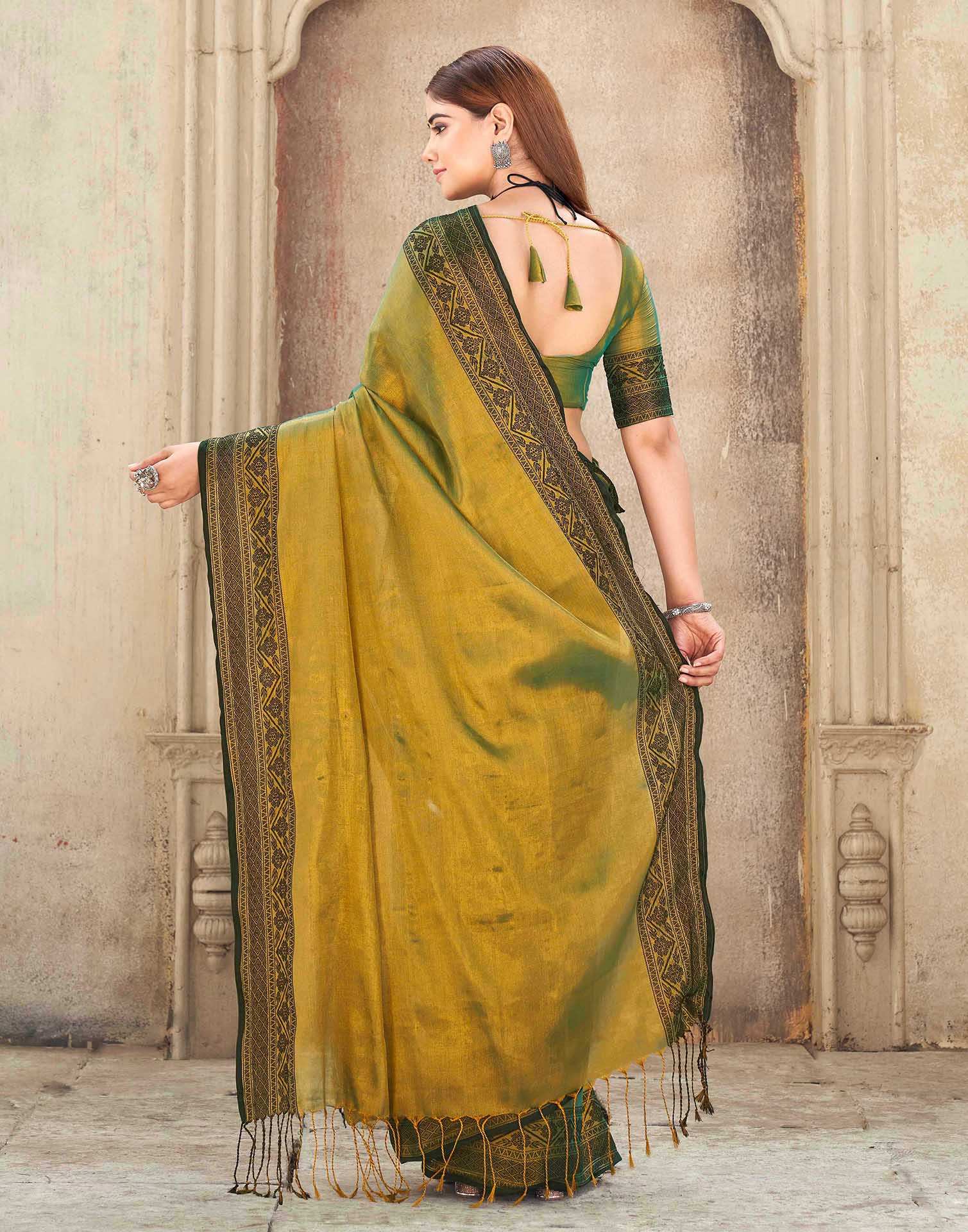 Dark Green Tissue Cotton Woven Saree