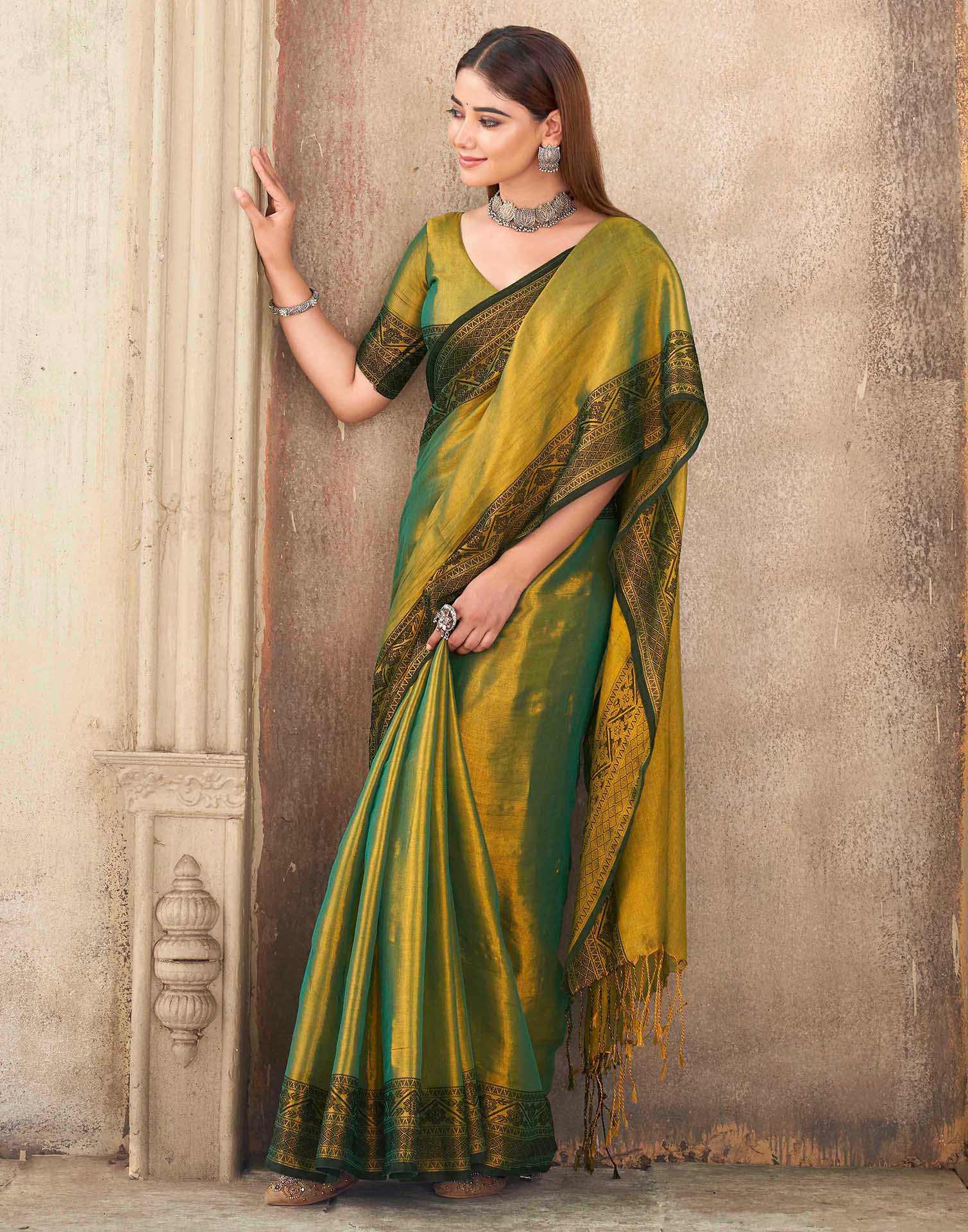 Dark Green Tissue Cotton Woven Saree