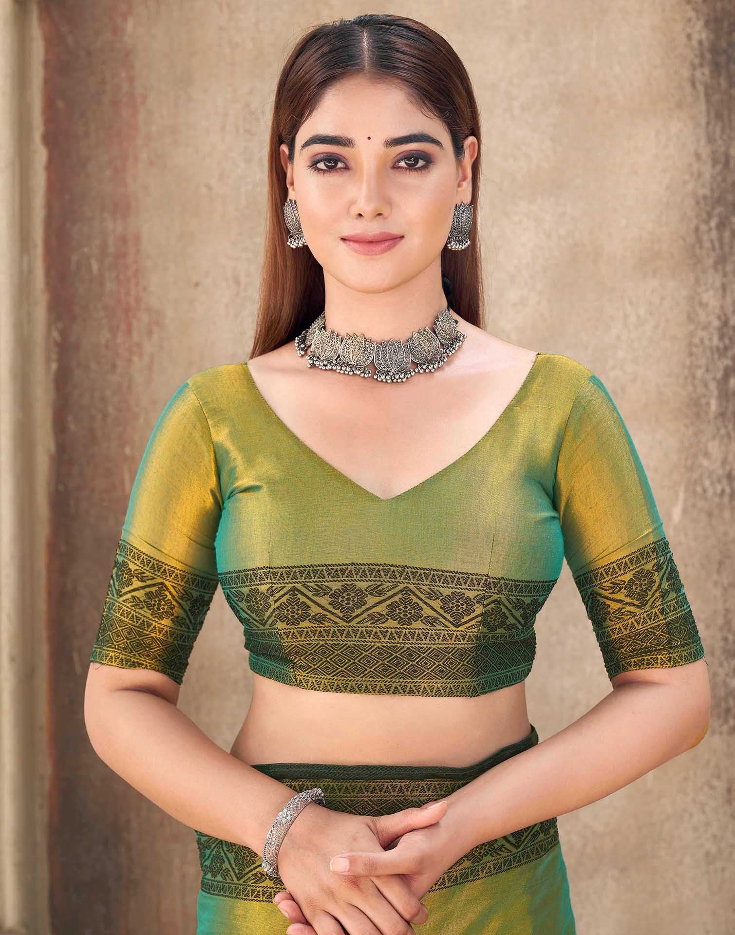 Dark Green Tissue Cotton Woven Saree