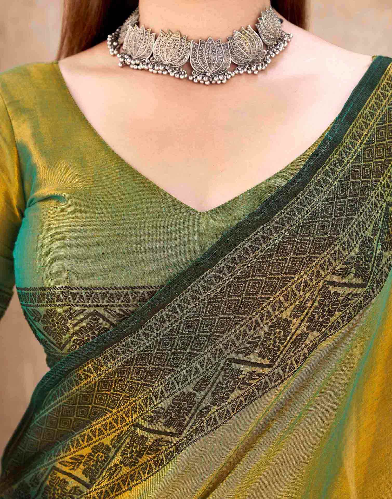 Dark Green Tissue Cotton Woven Saree