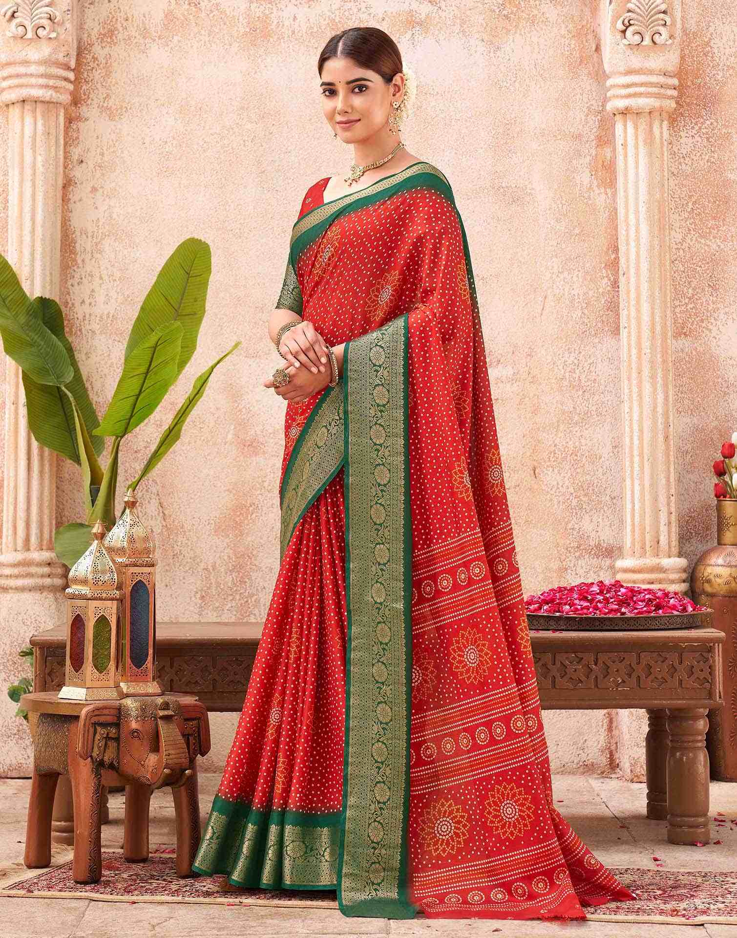 Red Silk Printed Bandhani Saree