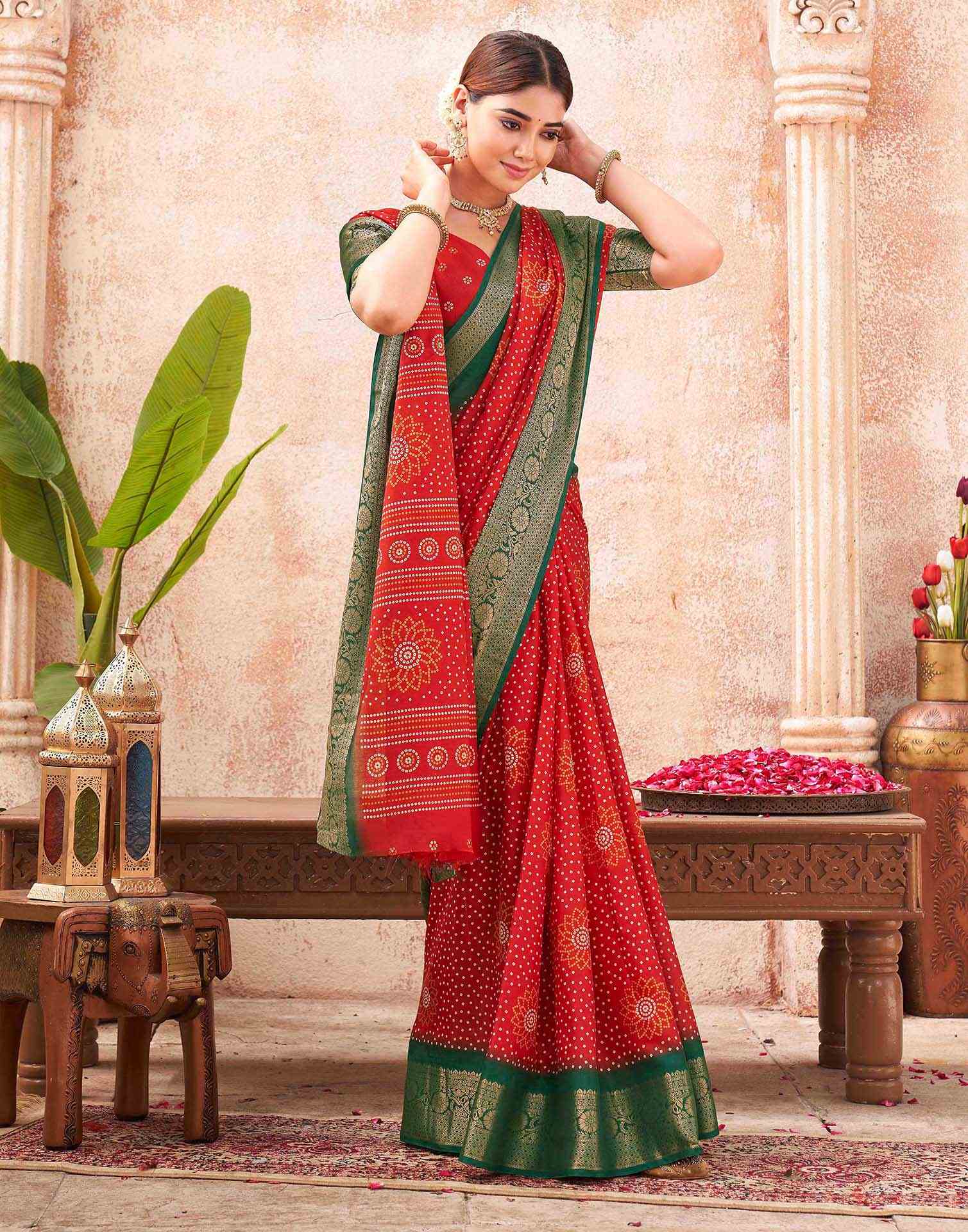 Red Silk Printed Bandhani Saree
