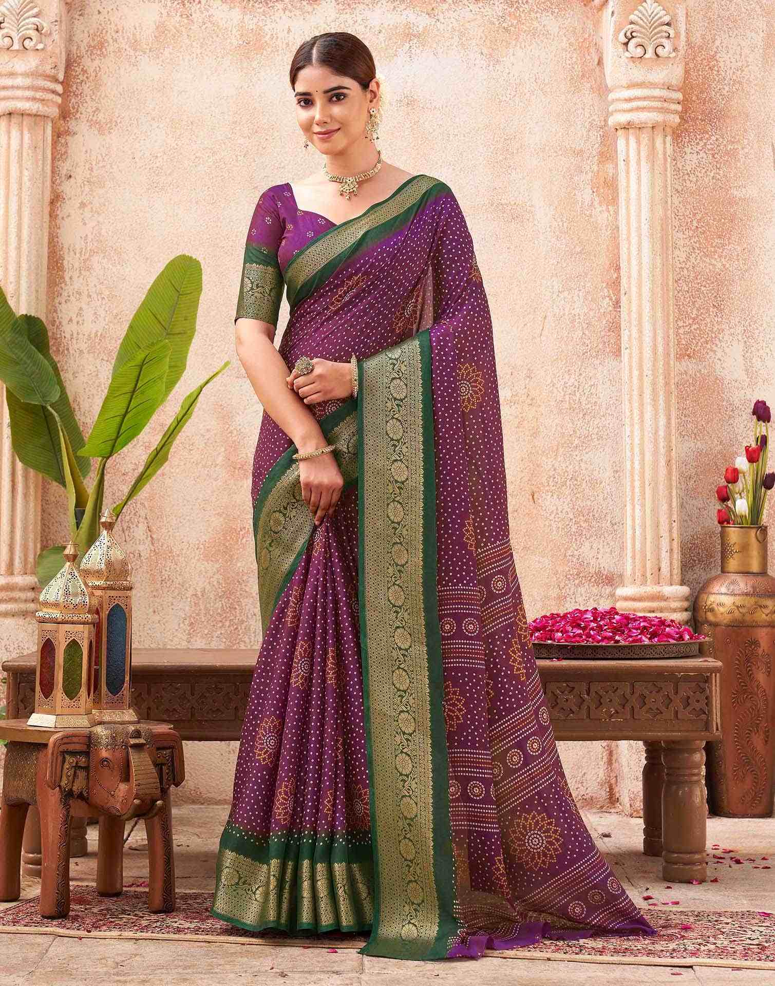 Purple Silk Printed Bandhani Saree