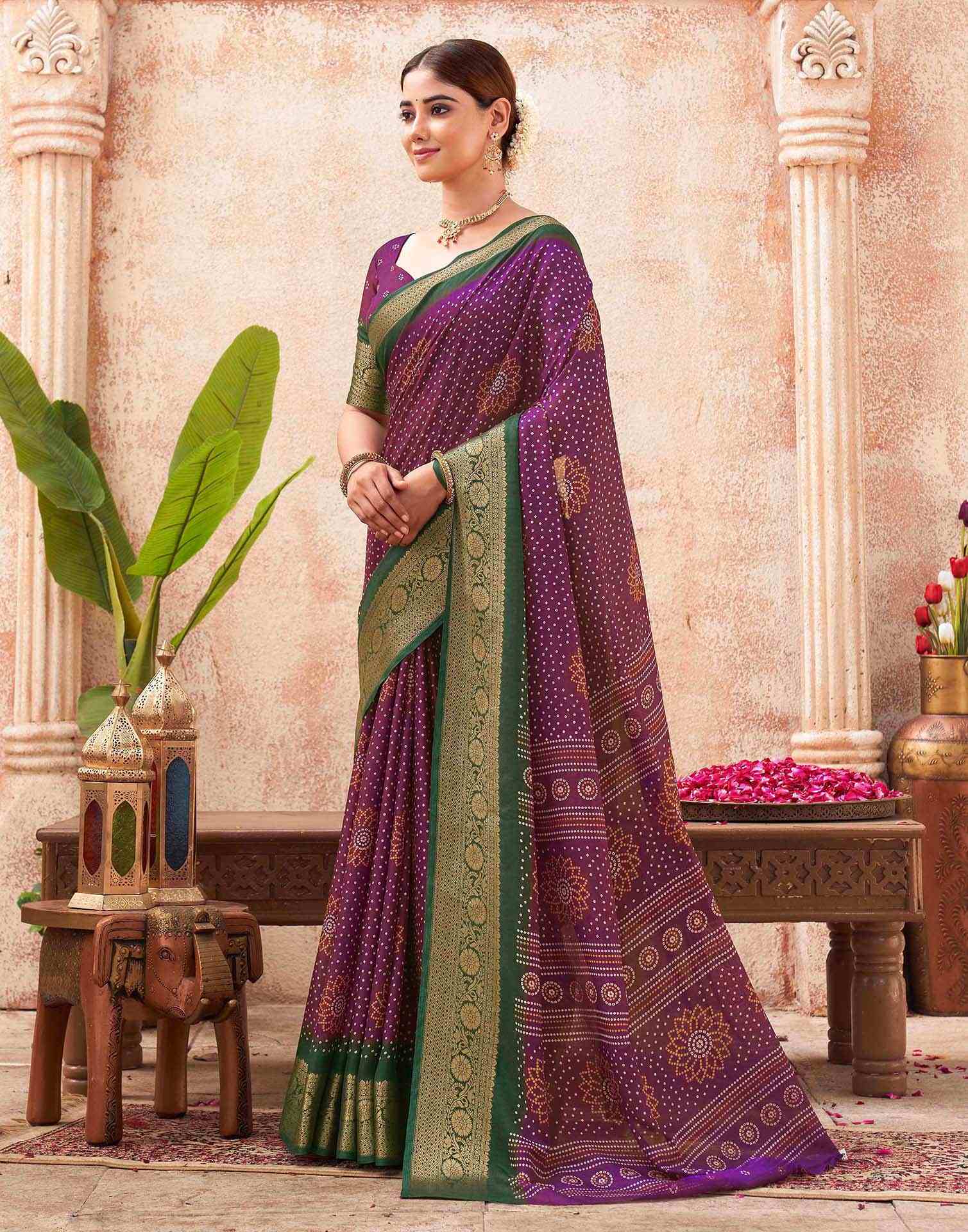 Purple Silk Printed Bandhani Saree