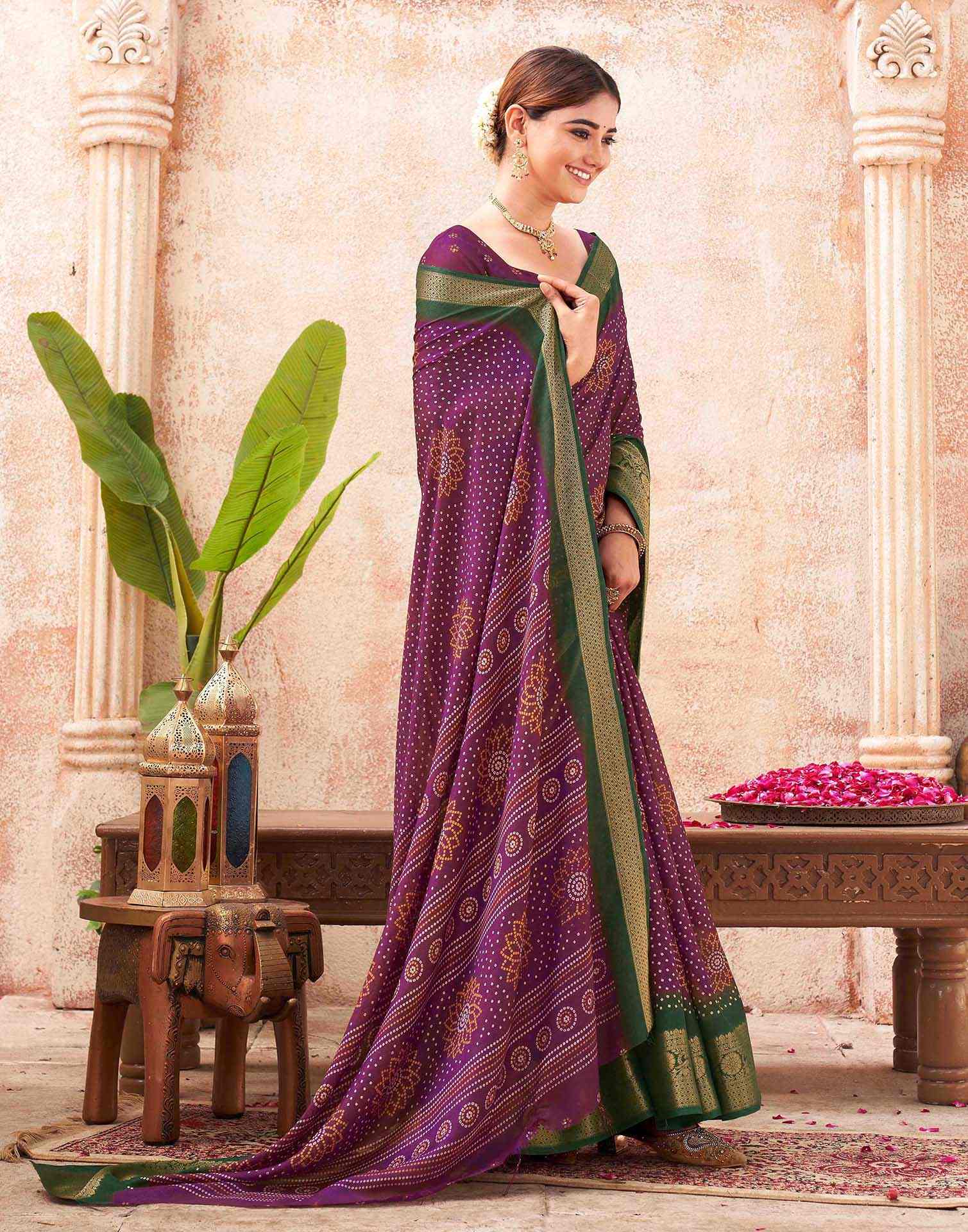 Purple Silk Printed Bandhani Saree