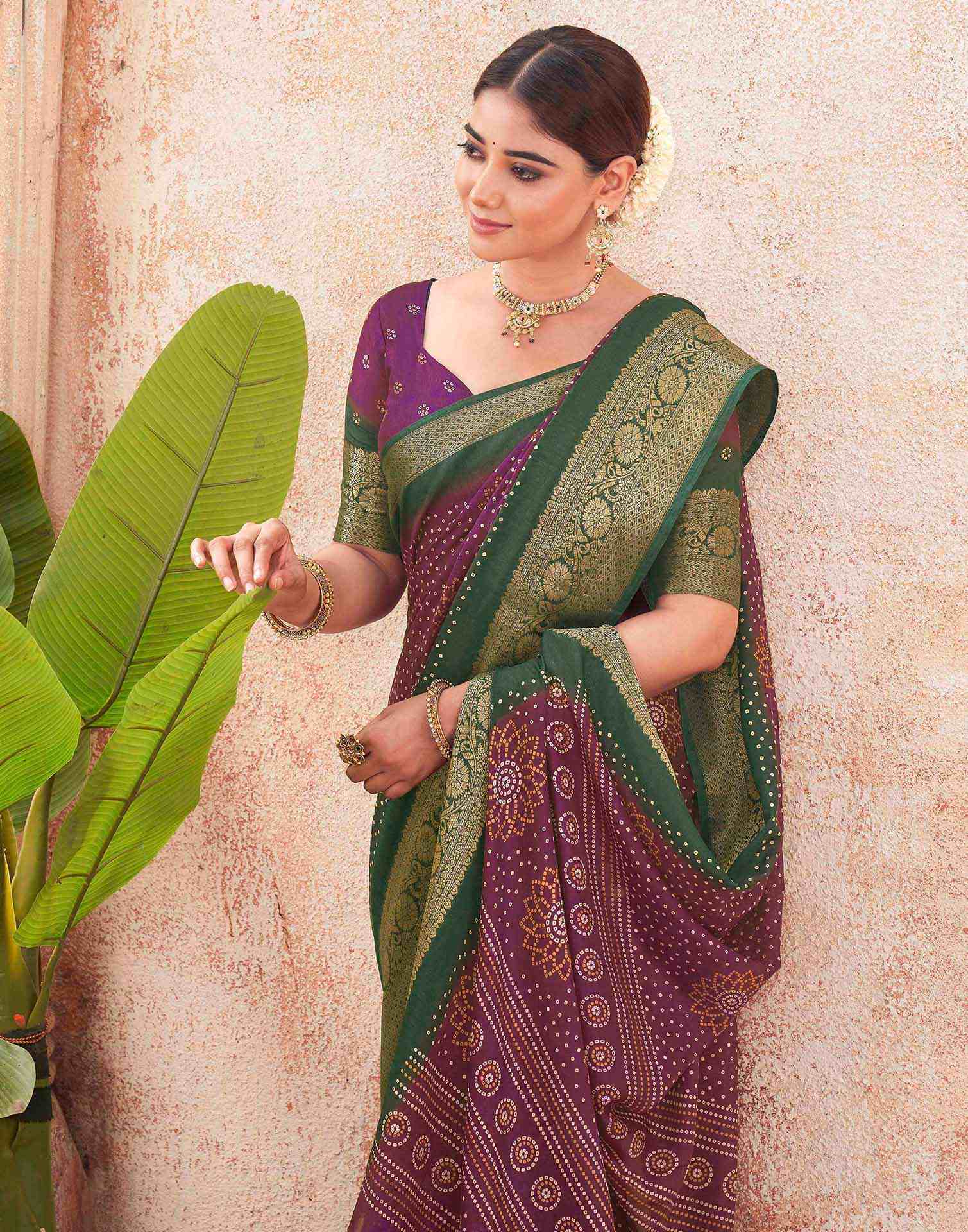 Purple Silk Printed Bandhani Saree