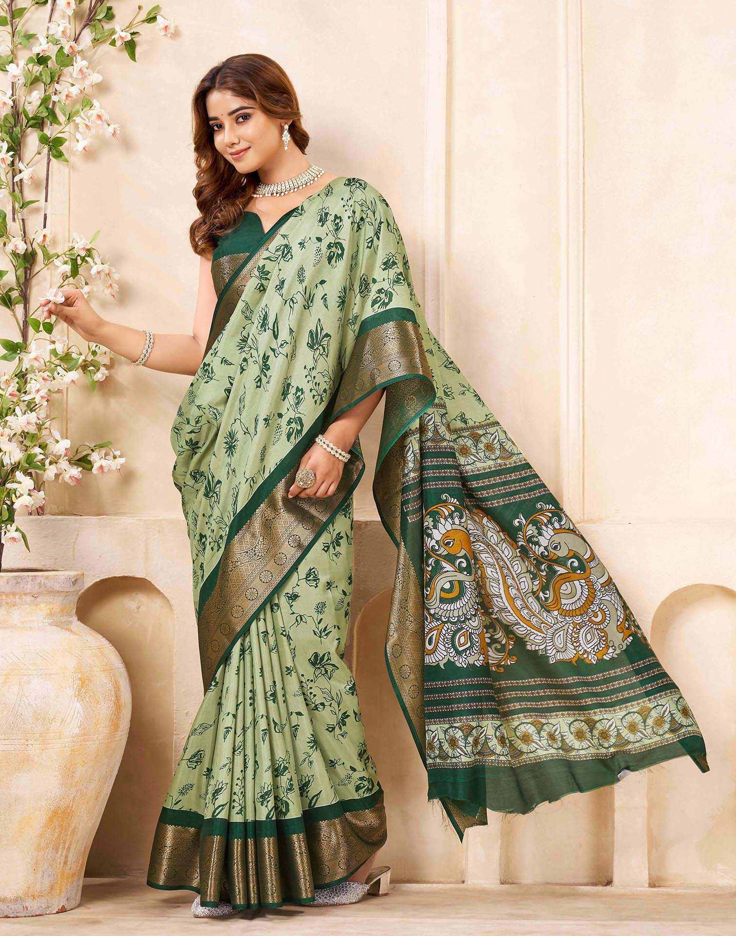 Green Silk Printed Saree