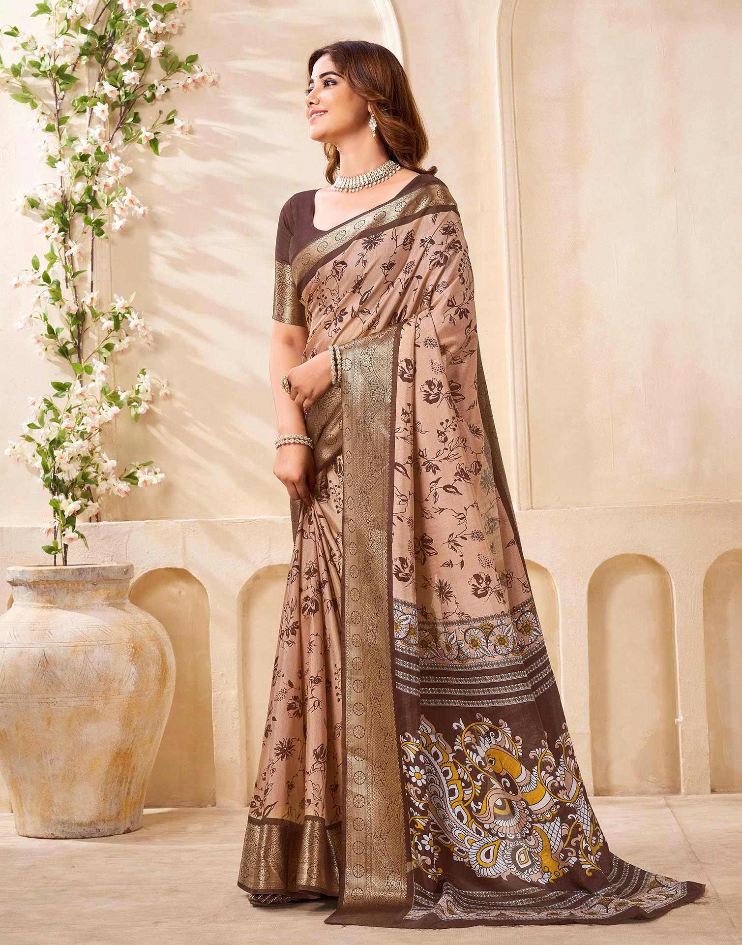 Brown Silk Printed Saree