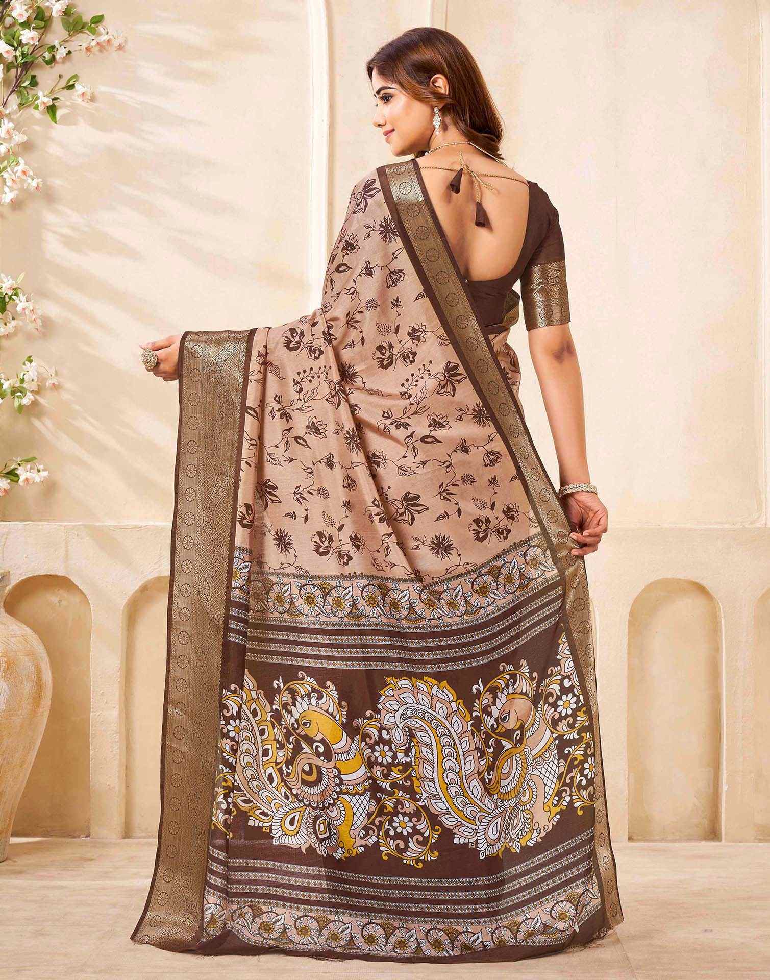 Brown Silk Printed Saree