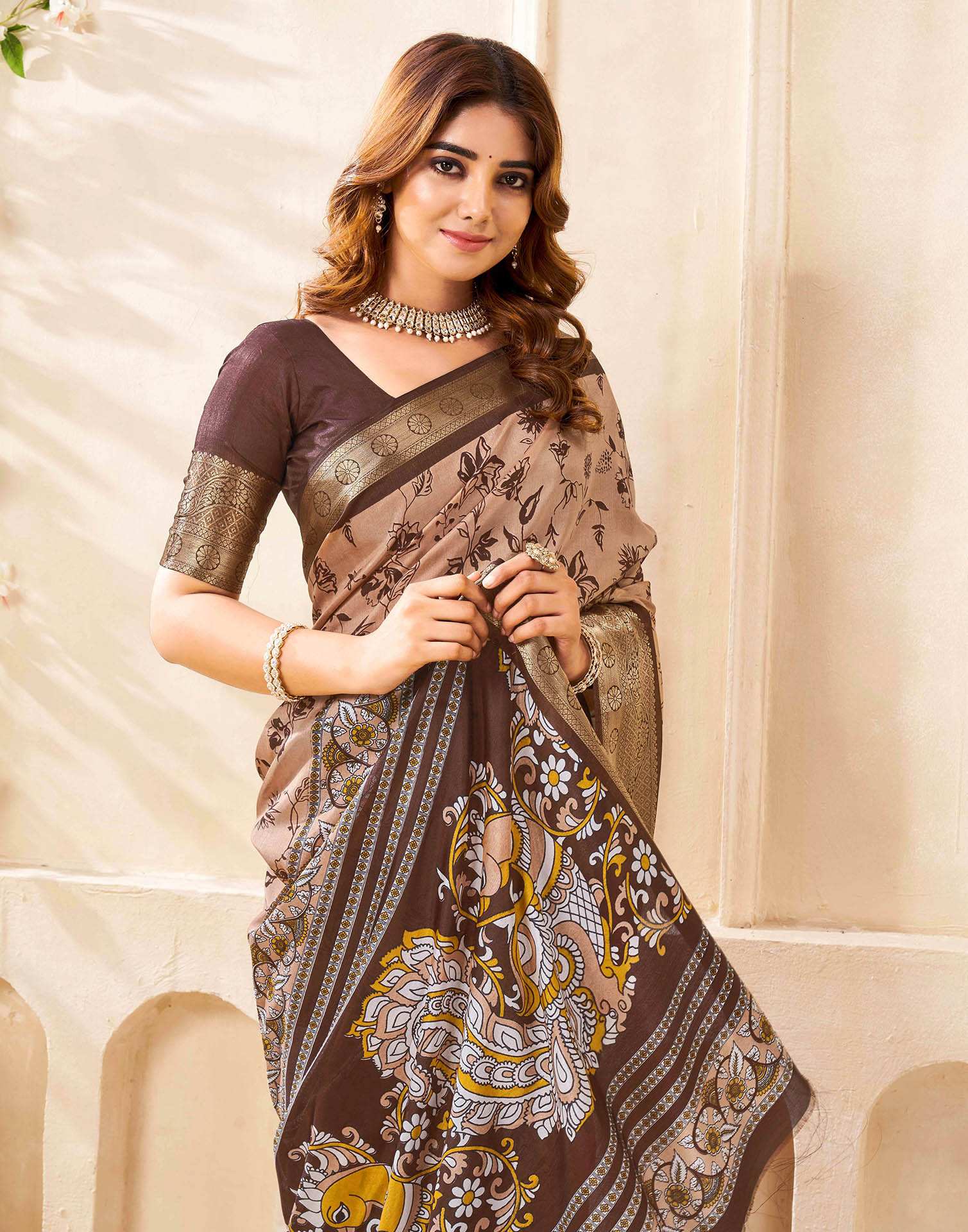 Brown Silk Printed Saree