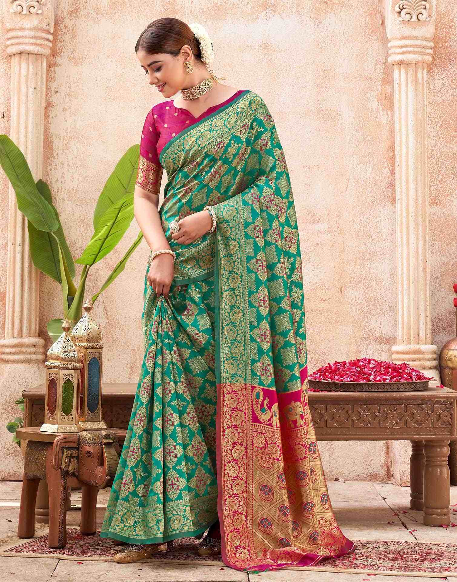 Teal Green Silk Woven Banarasi Saree