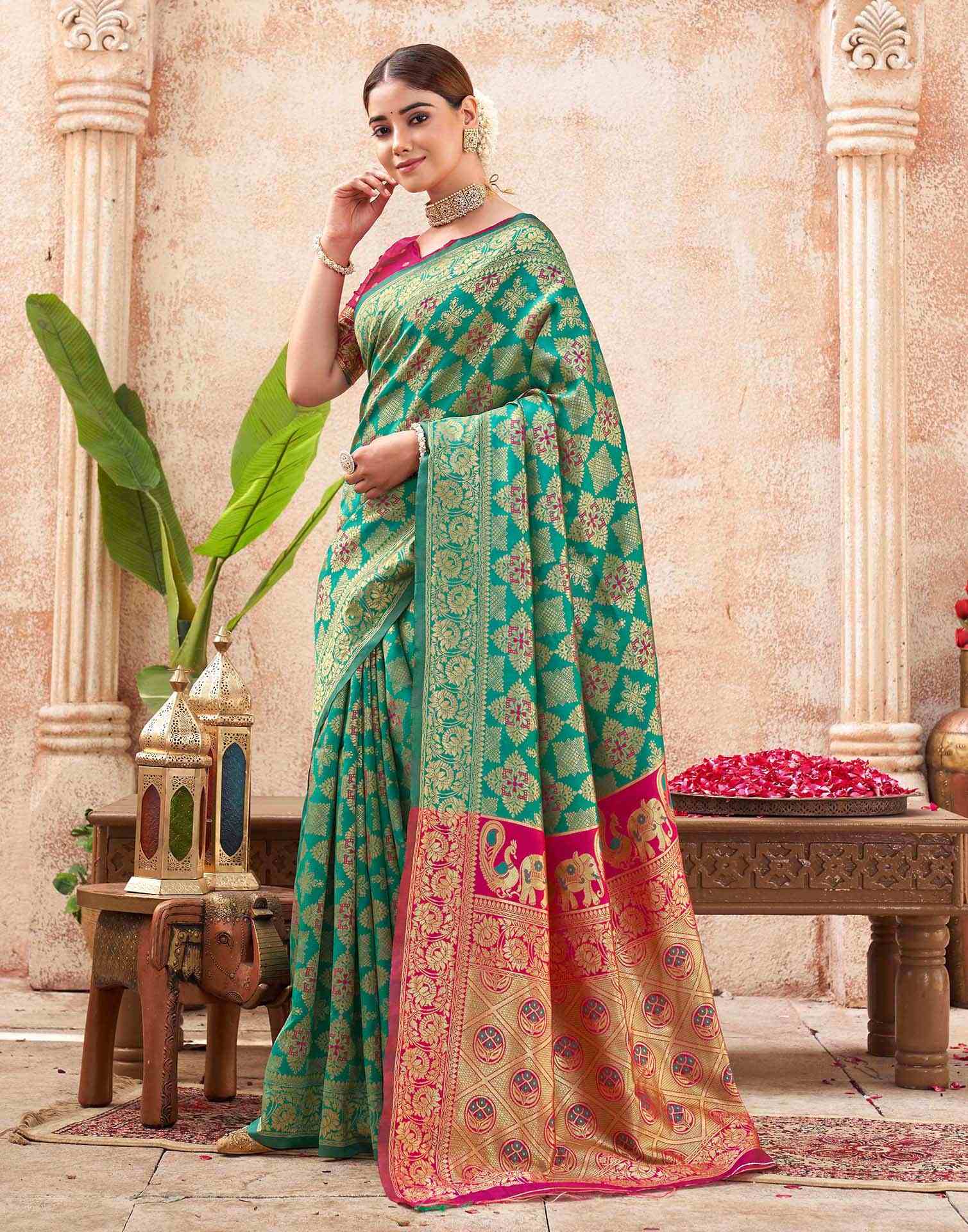 Teal Green Silk Woven Banarasi Saree