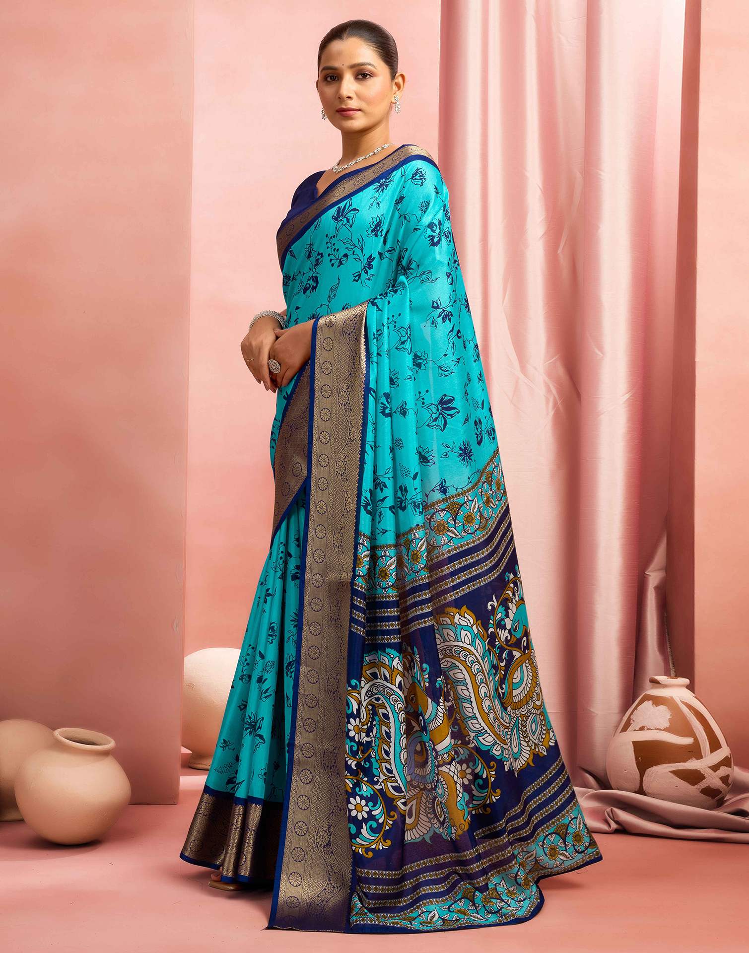 Turquoise Silk Printed Saree