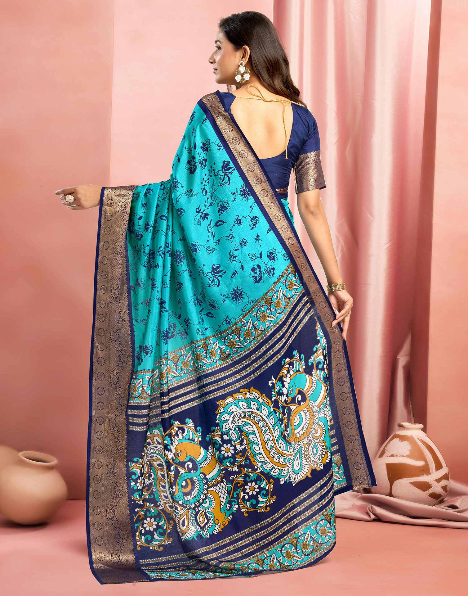 Turquoise Silk Printed Saree