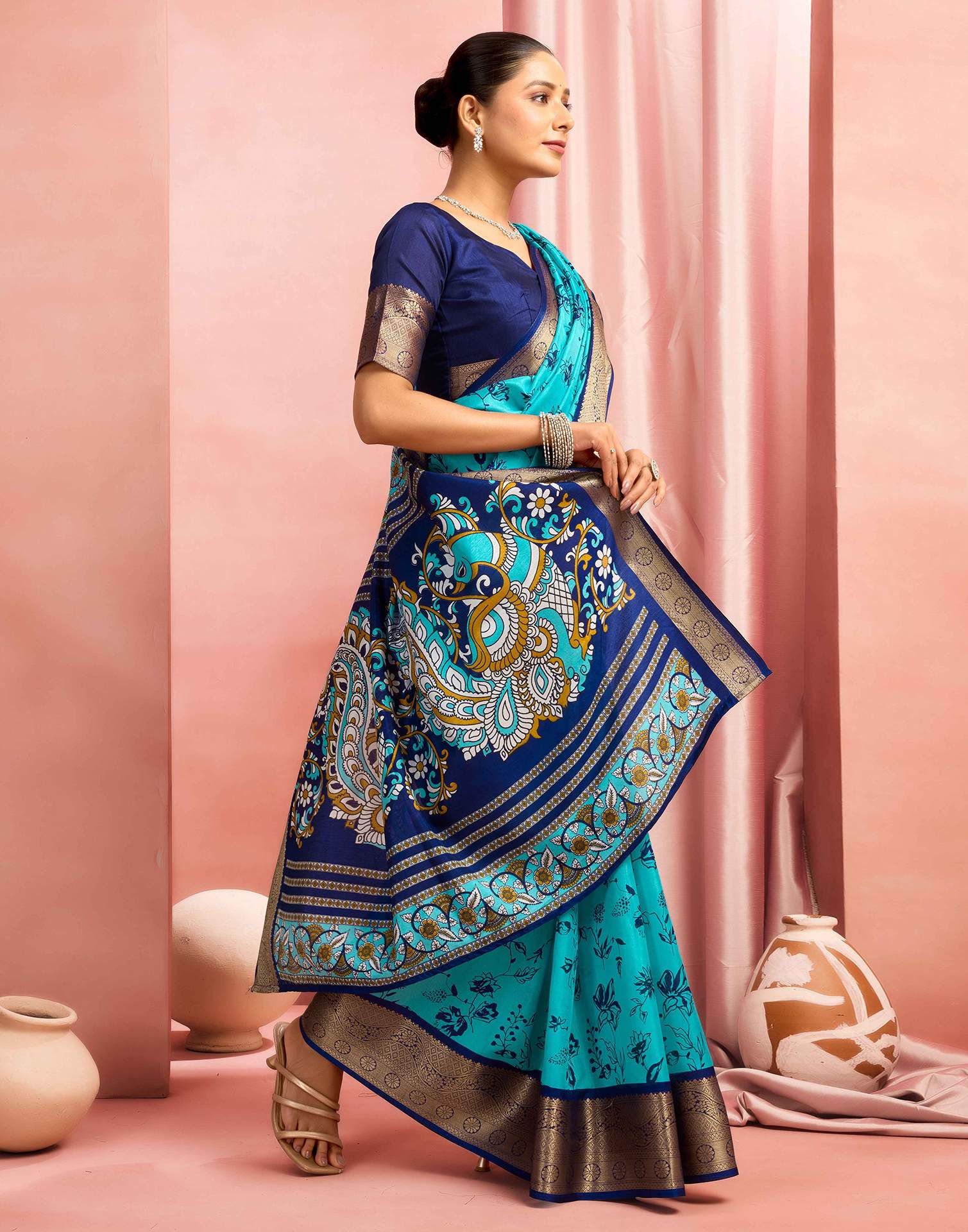 Turquoise Silk Printed Saree
