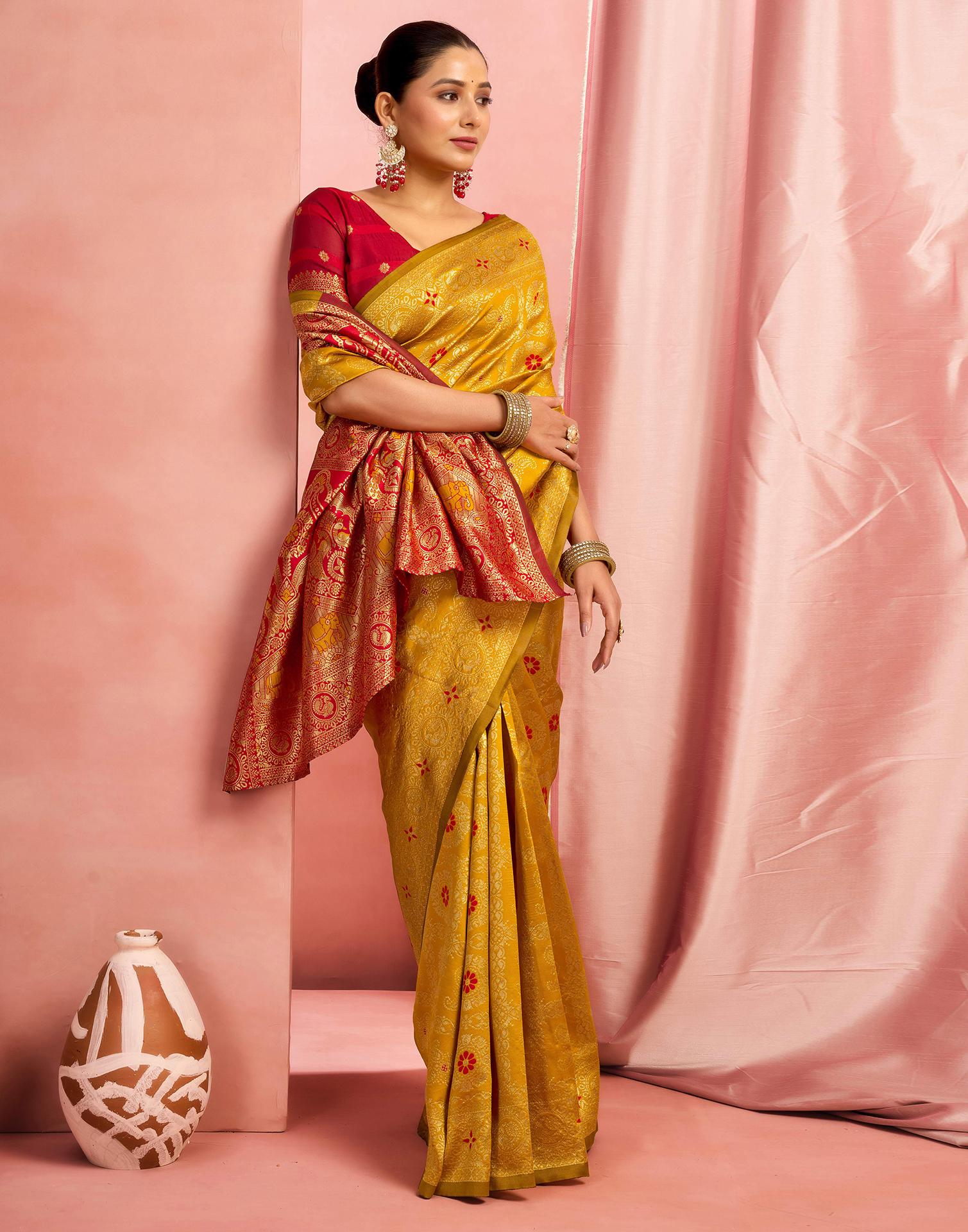 Mustard Yellow Silk Woven Banarasi Saree
