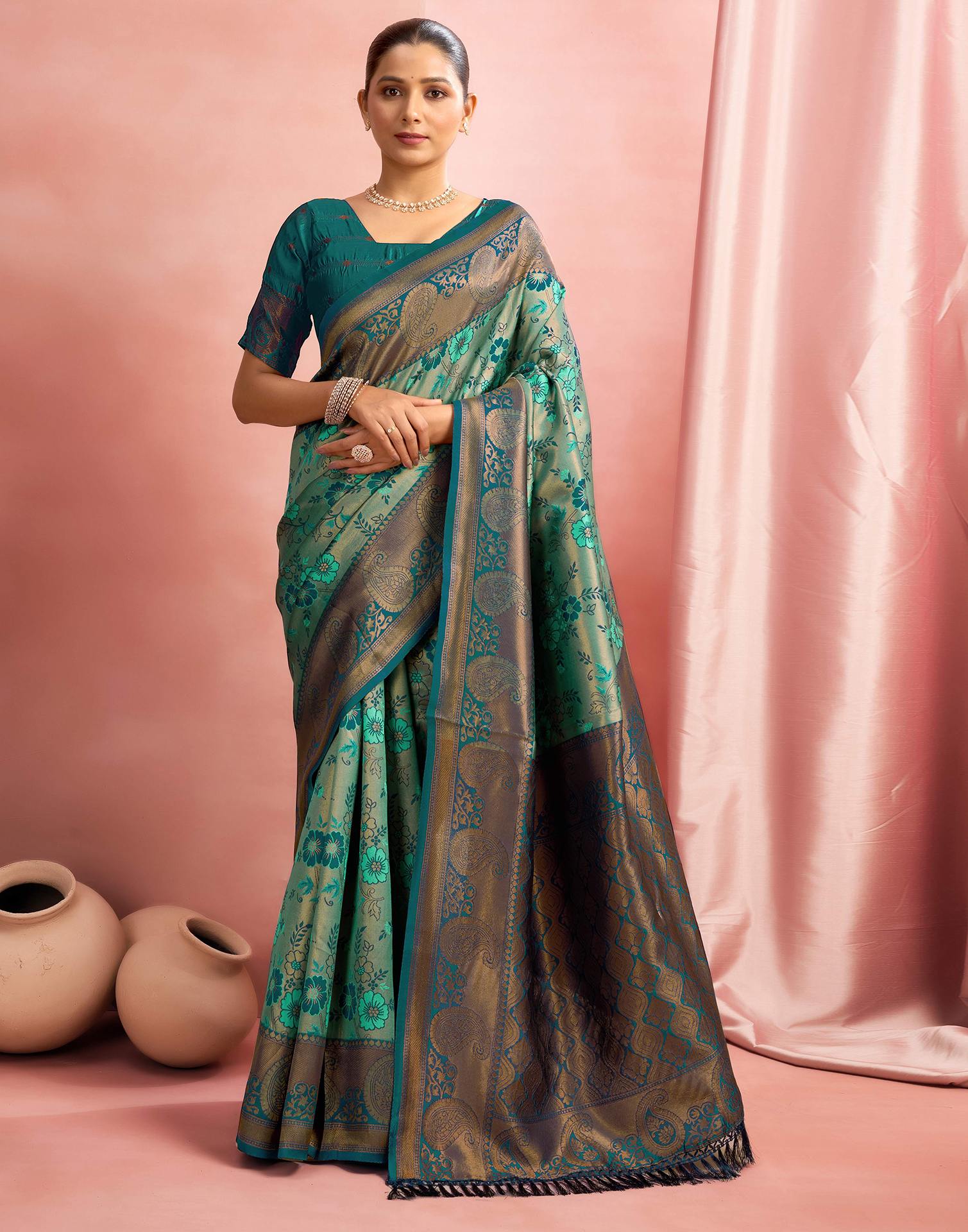 Teal Green Silk Woven Saree