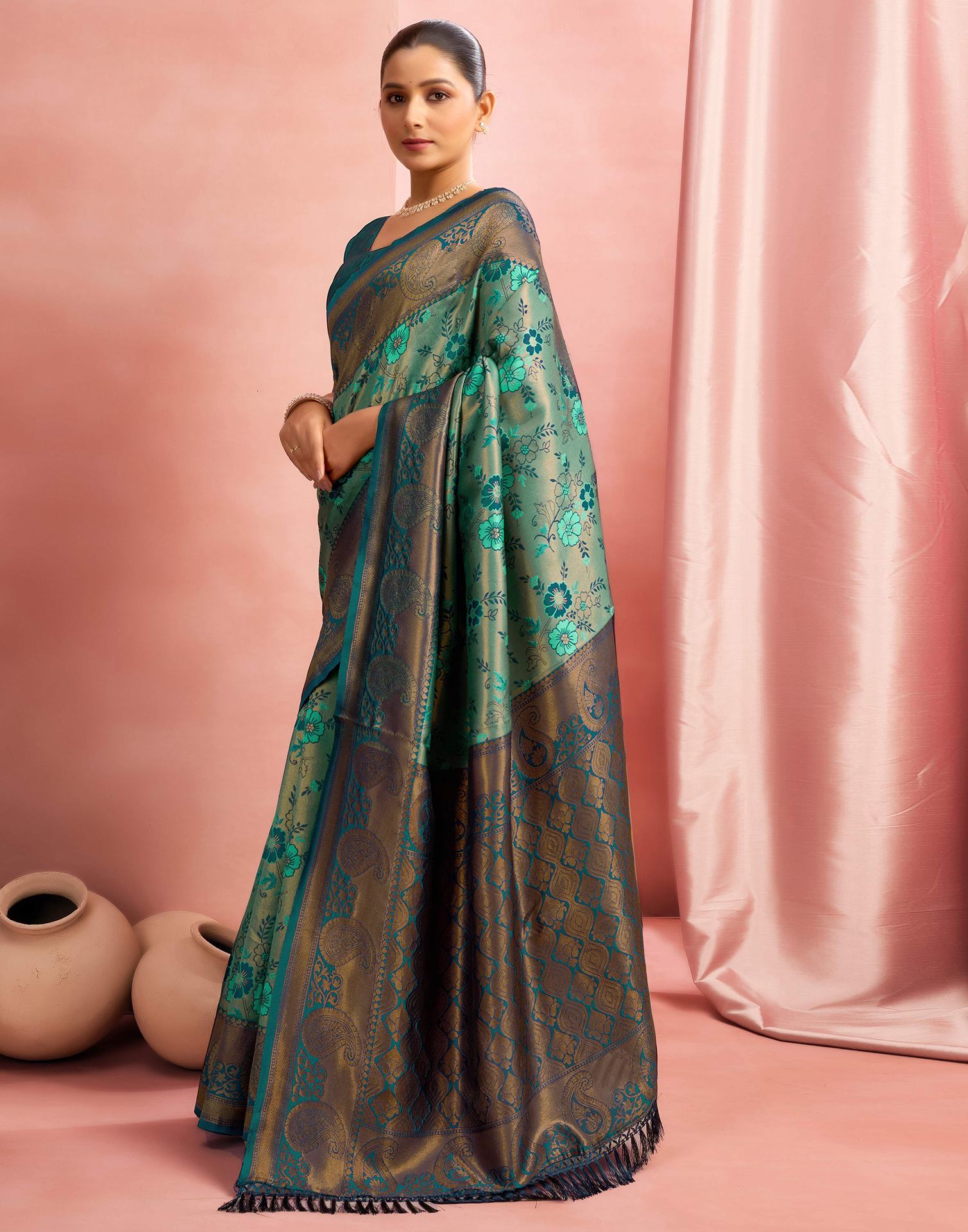 Teal Green Silk Woven Saree