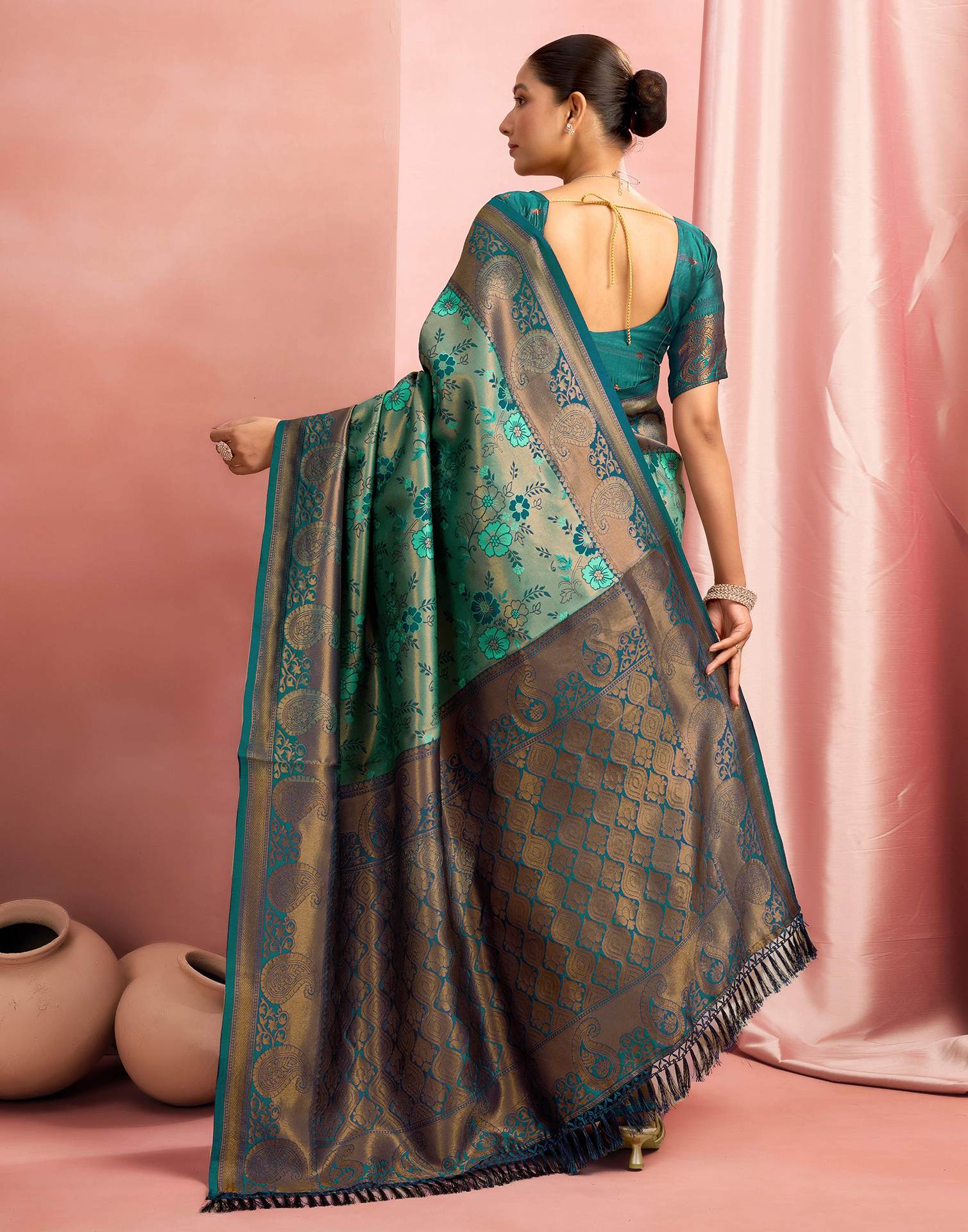 Teal Green Silk Woven Saree