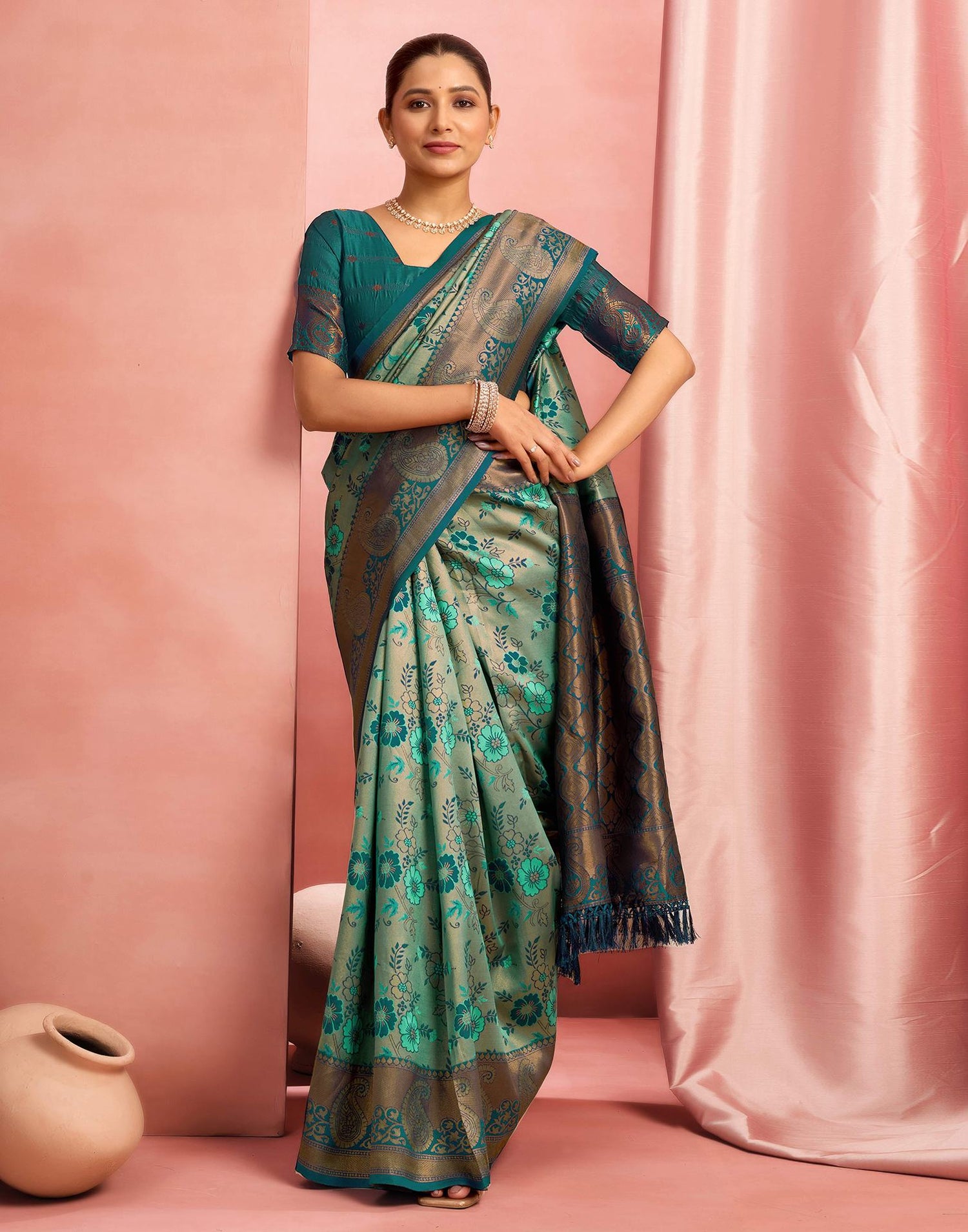 Teal Green Silk Woven Saree