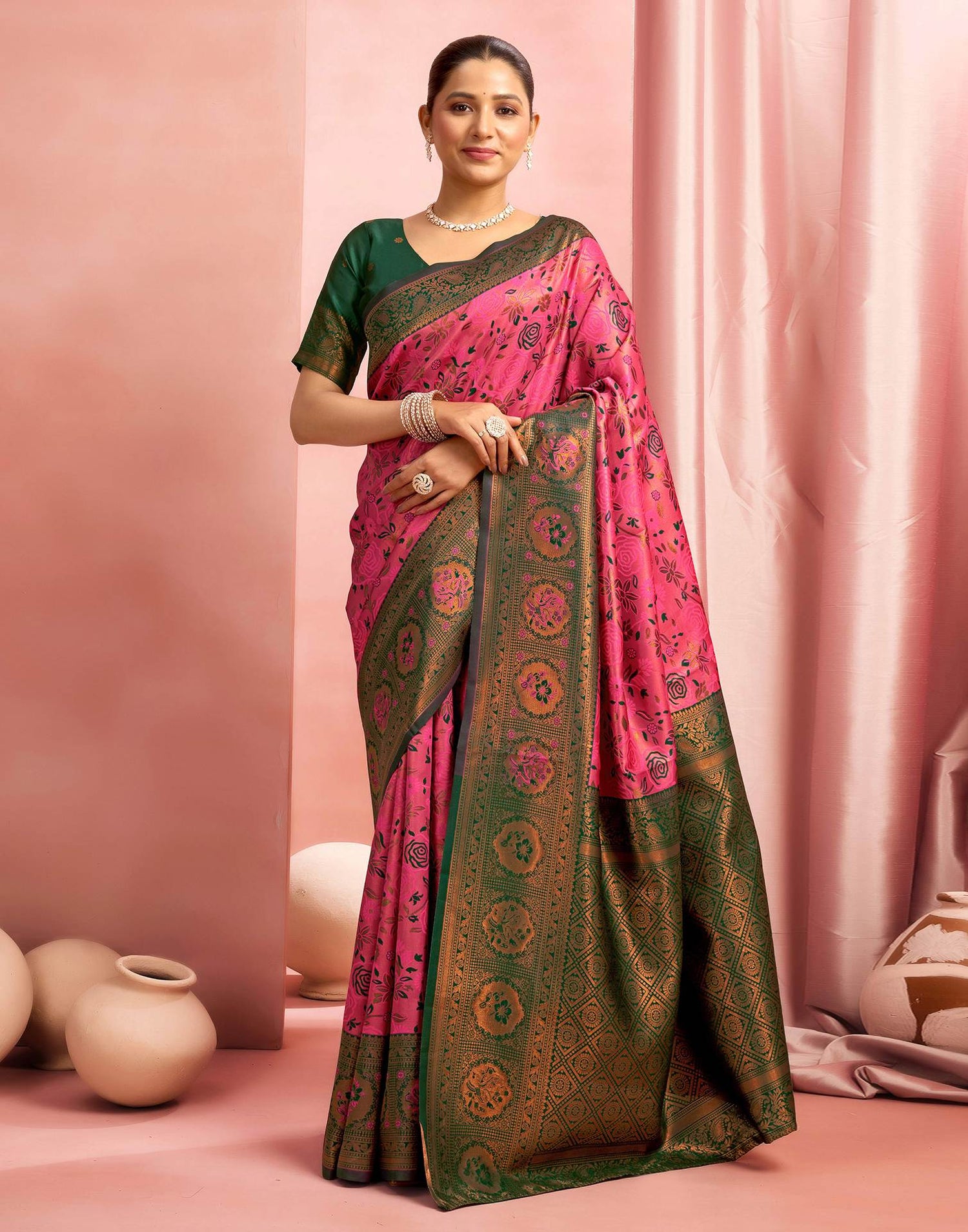 Bright Pink Silk Woven Saree