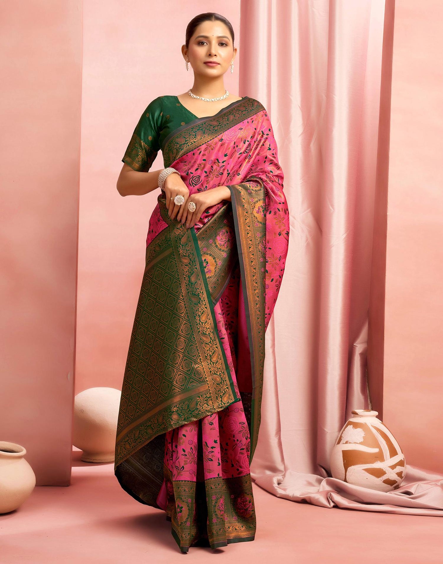 Bright Pink Silk Woven Saree