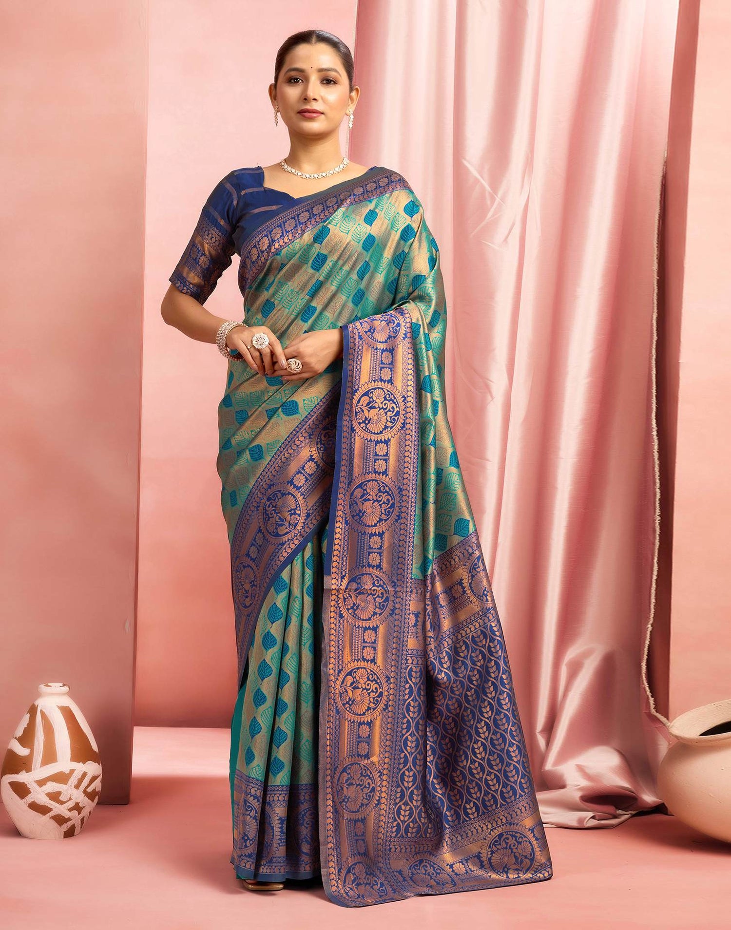 Teal Green Silk Woven Saree