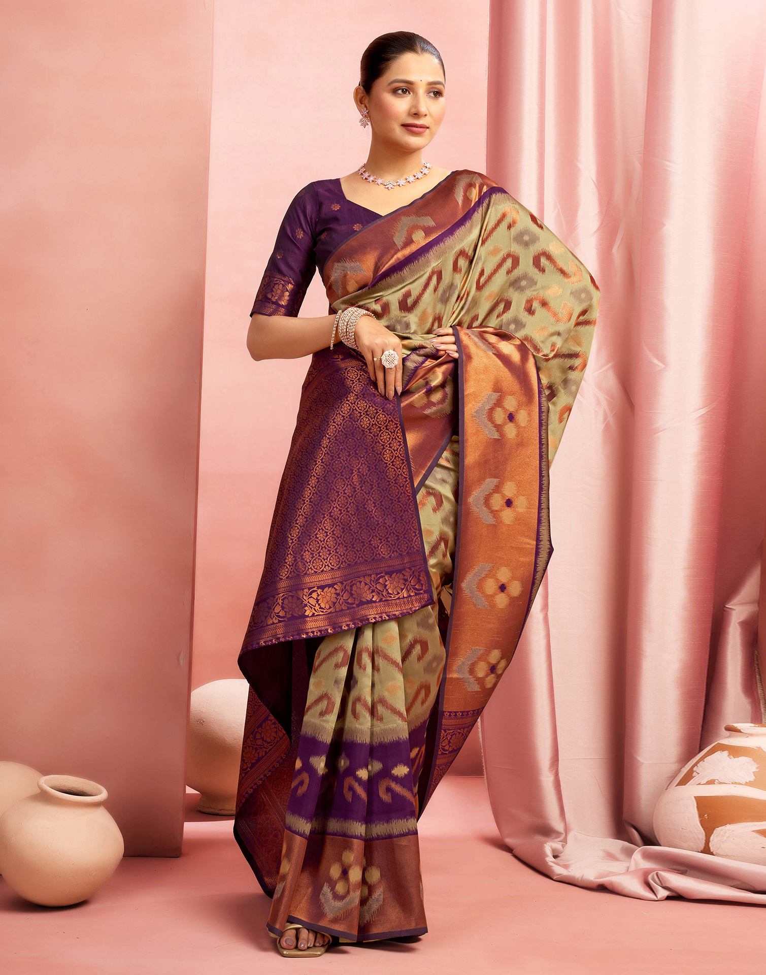 Khaki Silk Woven Saree
