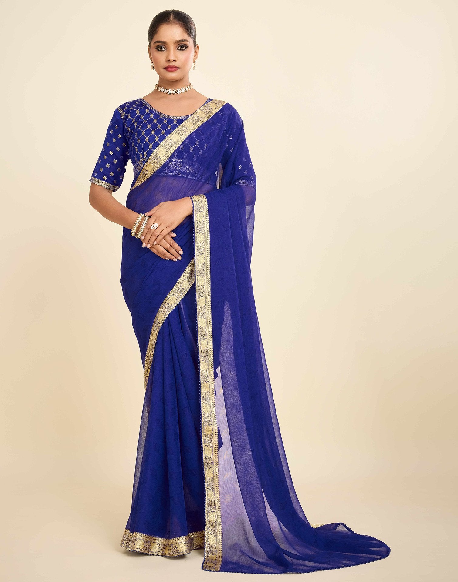 Blue Chiffon Lace Saree